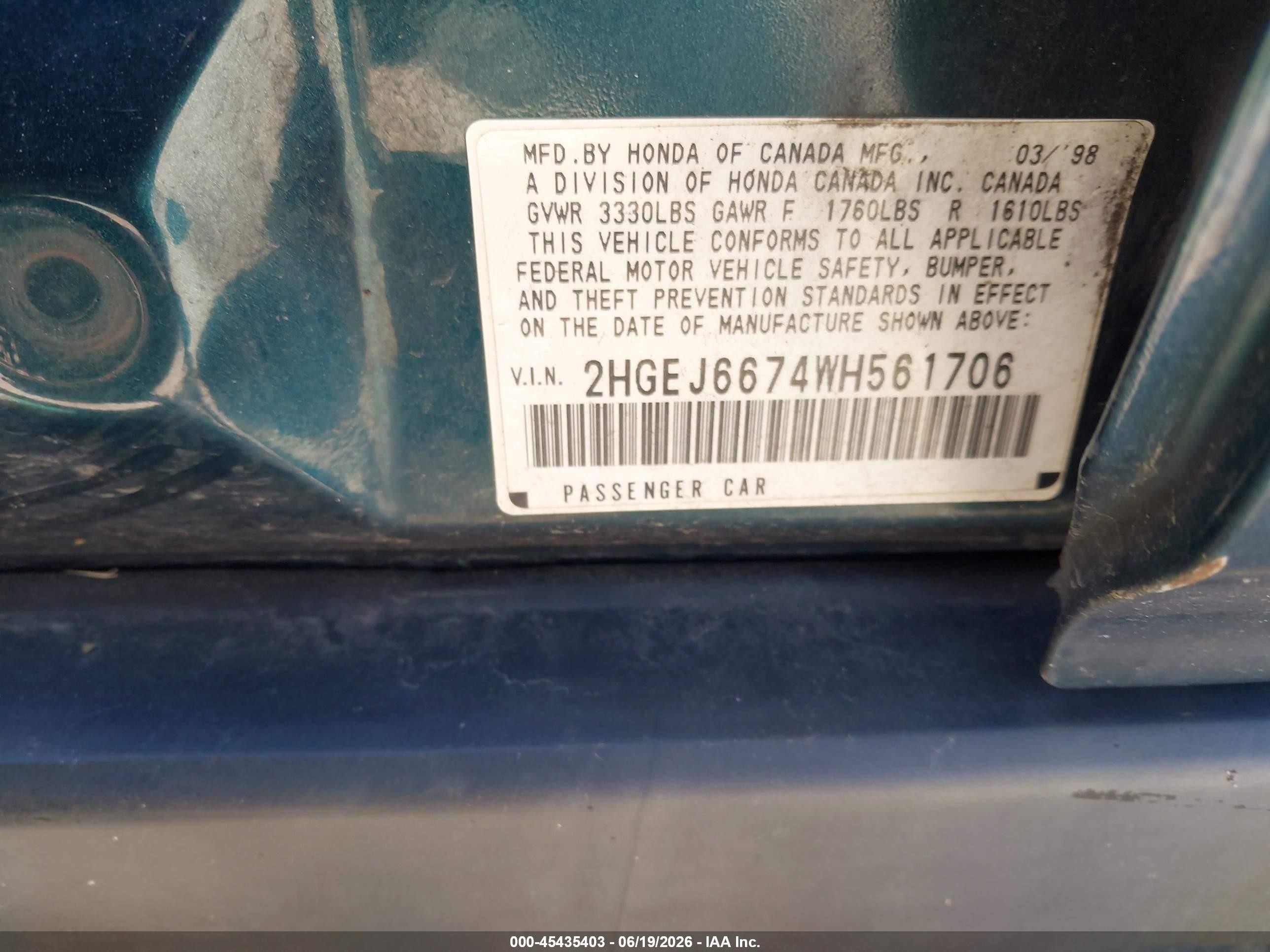 1998 Honda Civic Lx Green vin: 2HGEJ6674WH561706