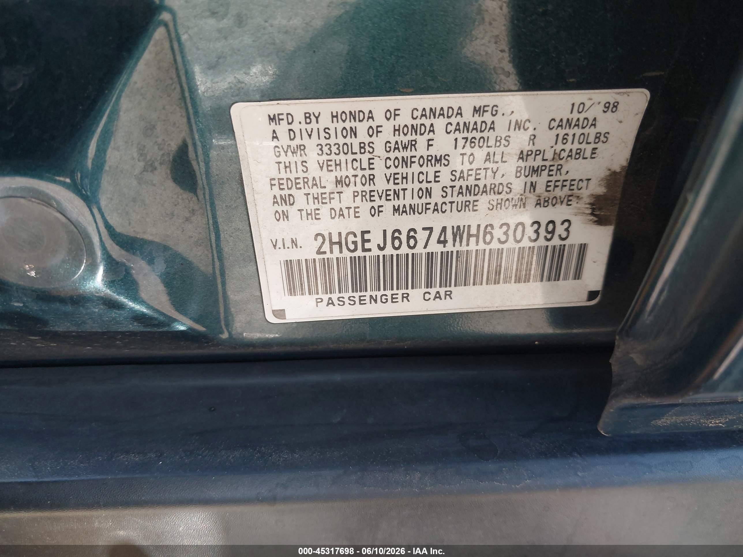 1998 Honda Civic Lx Green vin: 2HGEJ6674WH630393