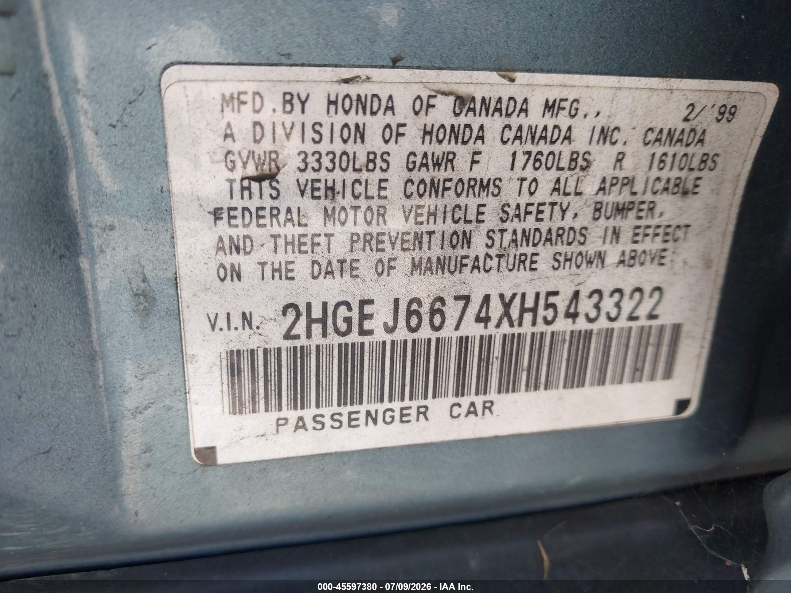 1999 Honda Civic Lx Light Blue vin: 2HGEJ6674XH543322