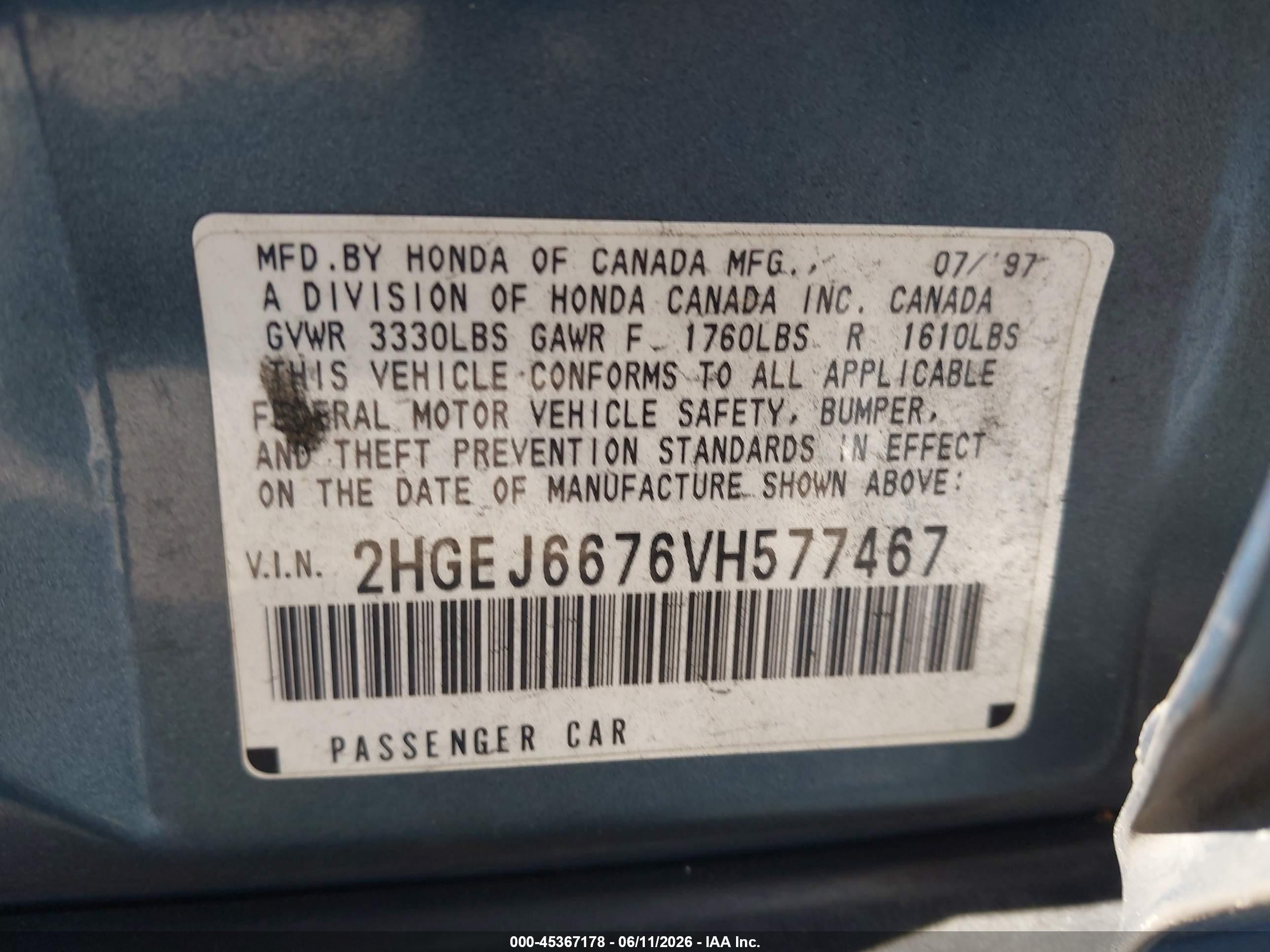 1997 Honda Civic Lx Blue vin: 2HGEJ6676VH577467