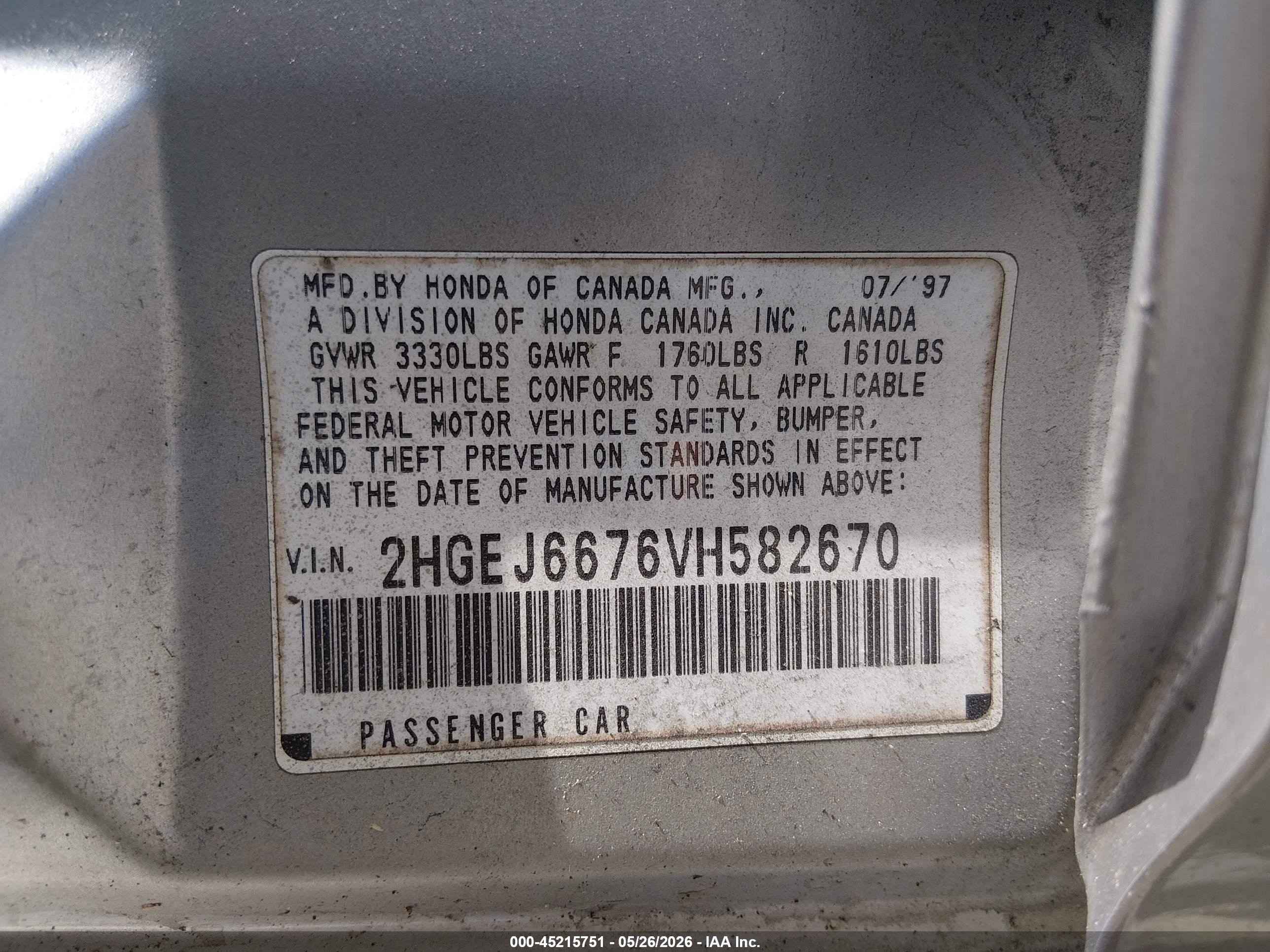 1997 Honda Civic Lx Серебряный vin: 2HGEJ6676VH582670