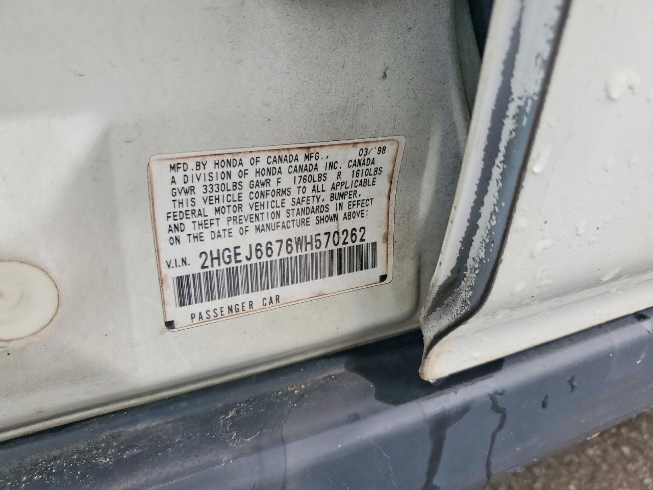 1998 Honda Civic Lx White vin: 2HGEJ6676WH570262