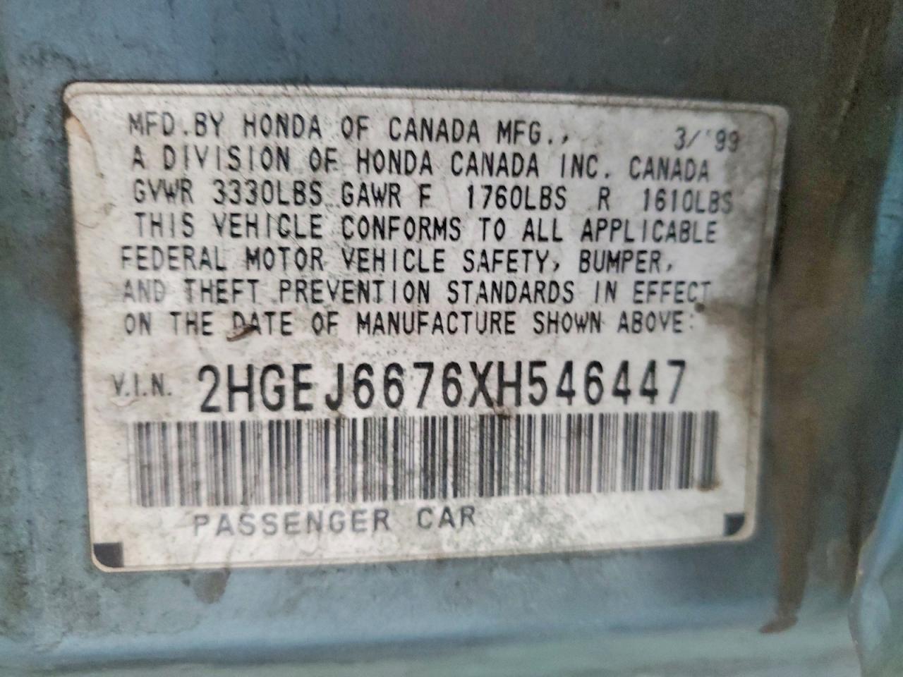 1999 Honda Civic Lx Turquoise vin: 2HGEJ6676XH546447