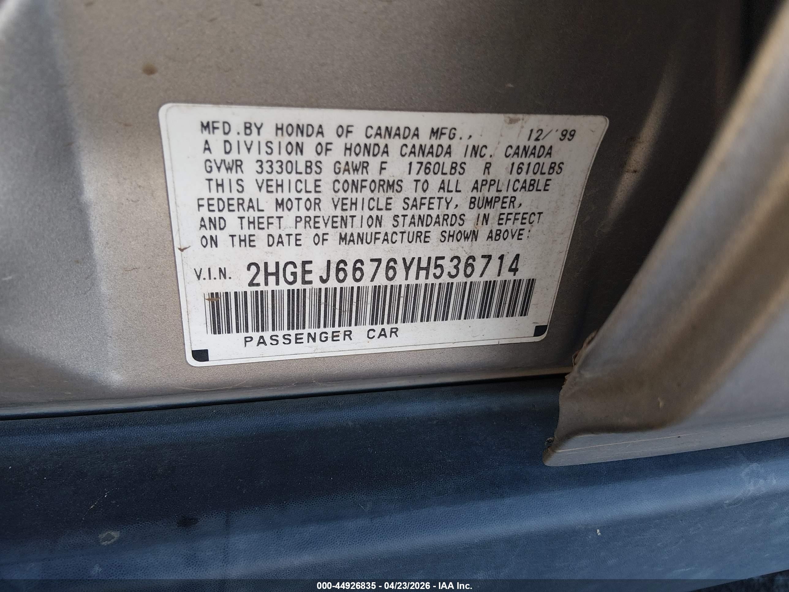 2000 Honda Civic Lx Tan vin: 2HGEJ6676YH536714