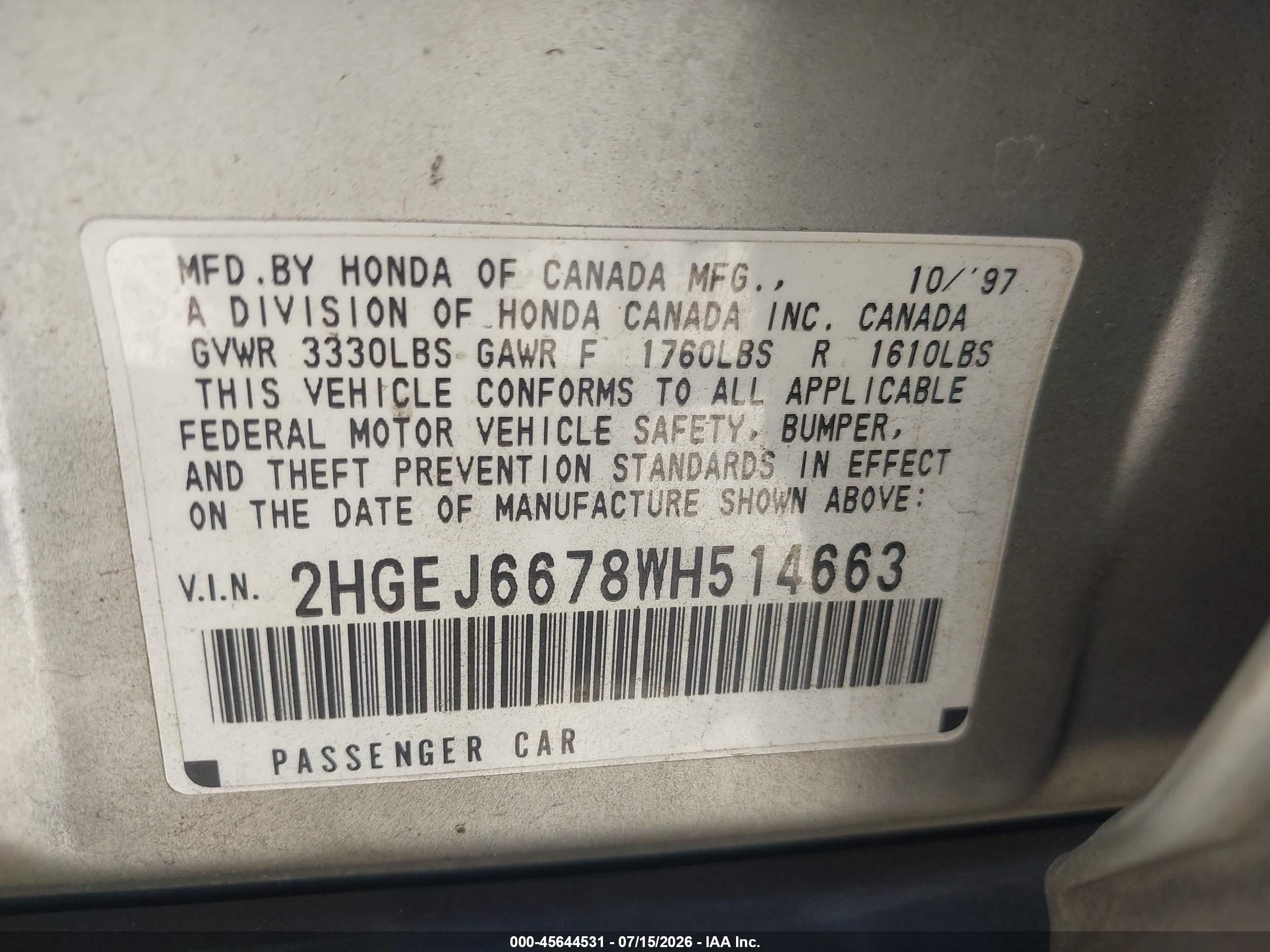 1998 Honda Civic Lx Silver vin: 2HGEJ6678WH514663