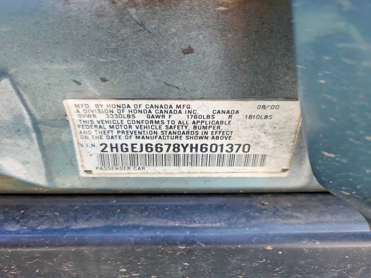 2000 Honda Civic Lx Green vin: 2HGEJ6678YH601370