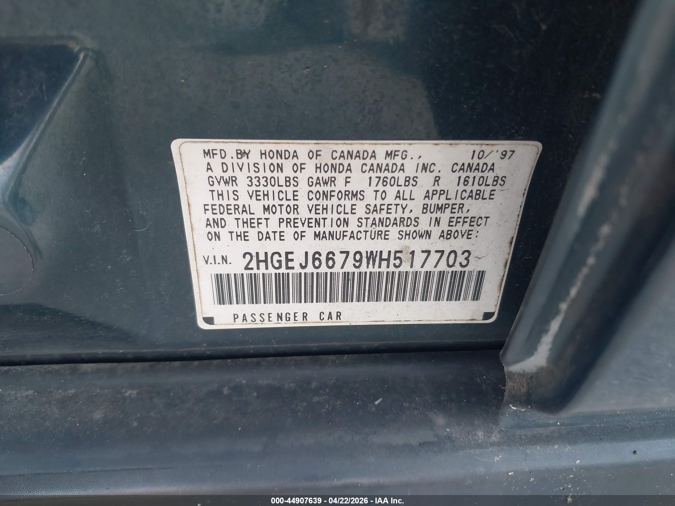 1998 Honda Civic Lx Green vin: 2HGEJ6679WH517703