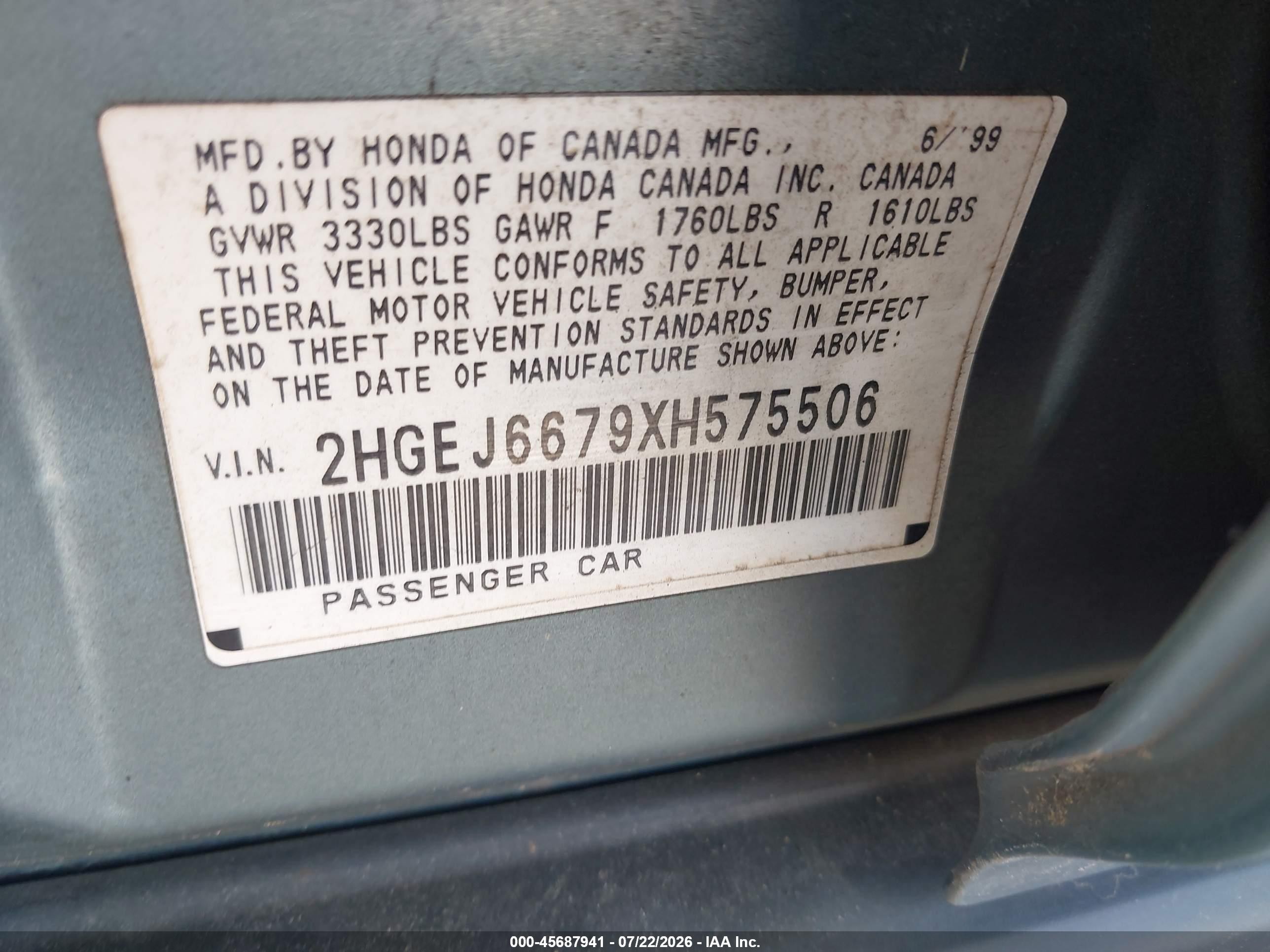 1999 Honda Civic Lx Teal vin: 2HGEJ6679XH575506