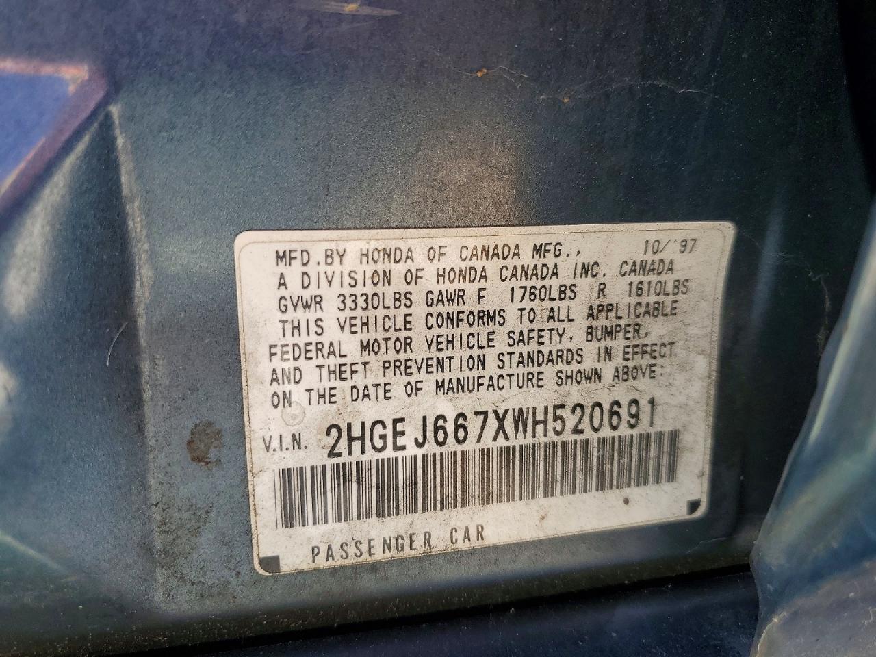 1998 Honda Civic Lx Turquoise vin: 2HGEJ667XWH520691