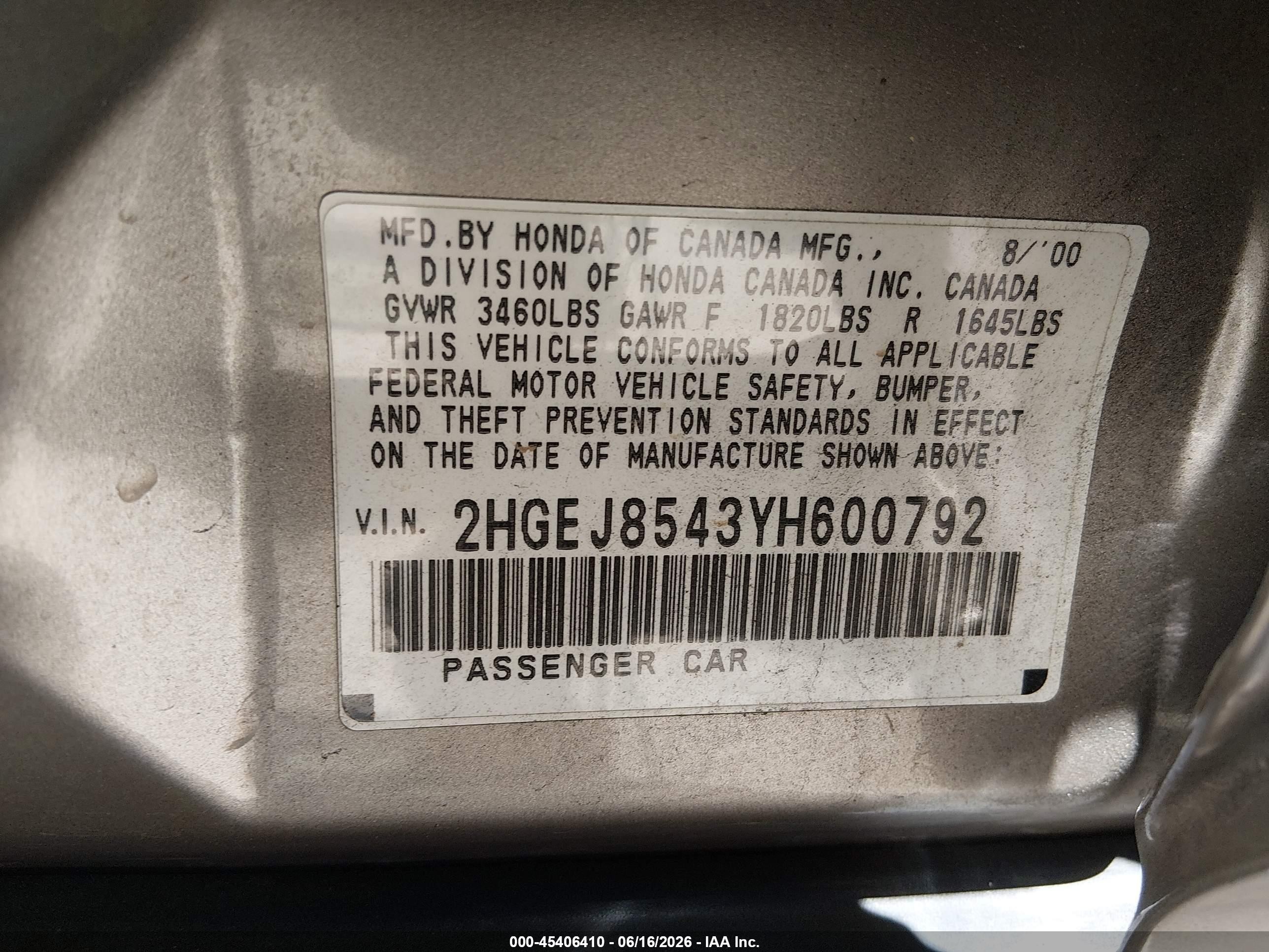 2000 Honda Civic Ex Champagne vin: 2HGEJ8543YH600792
