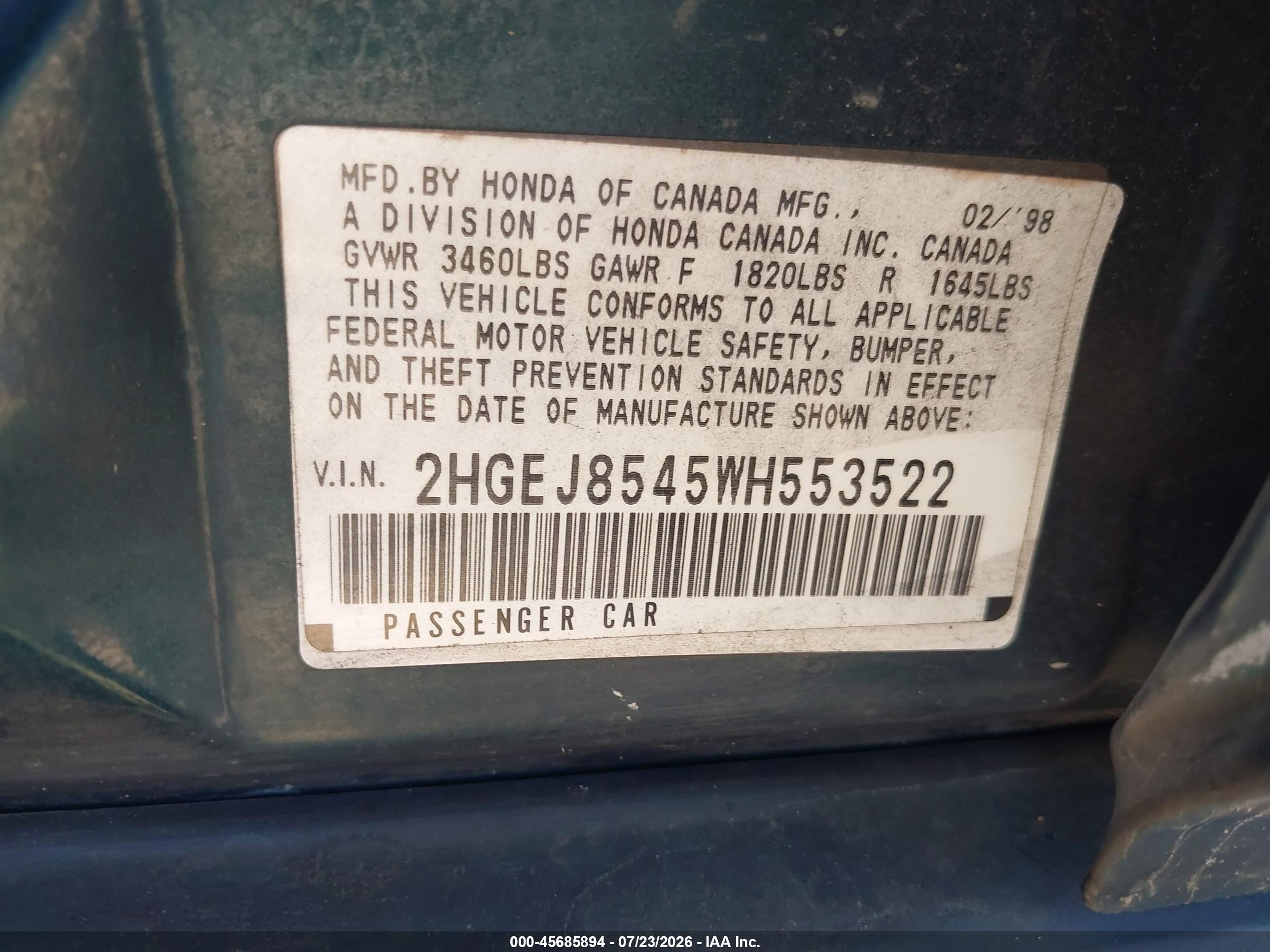 1998 Honda Civic Ex Green vin: 2HGEJ8545WH553522