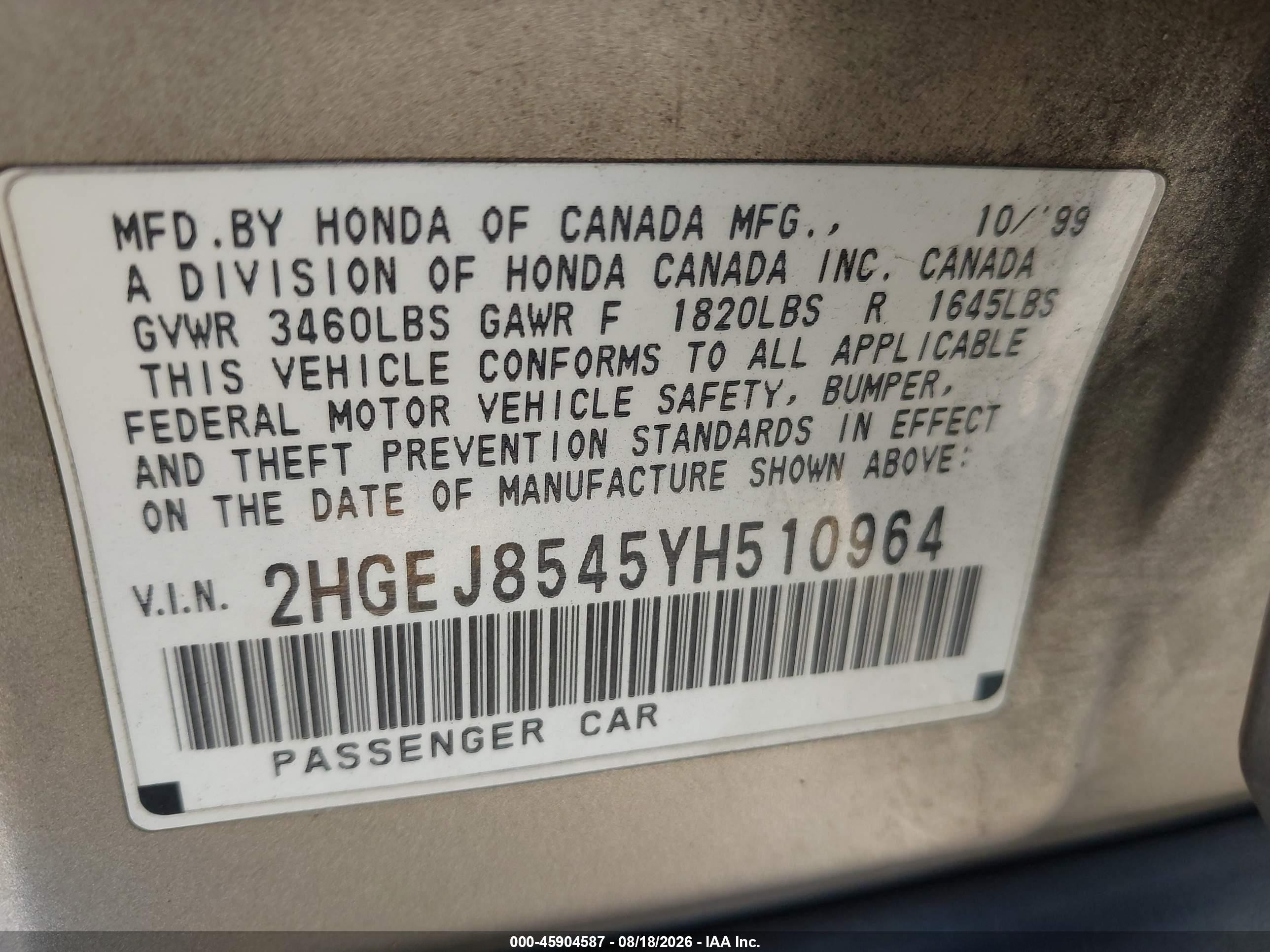2000 Honda Civic Ex Gold vin: 2HGEJ8545YH510964