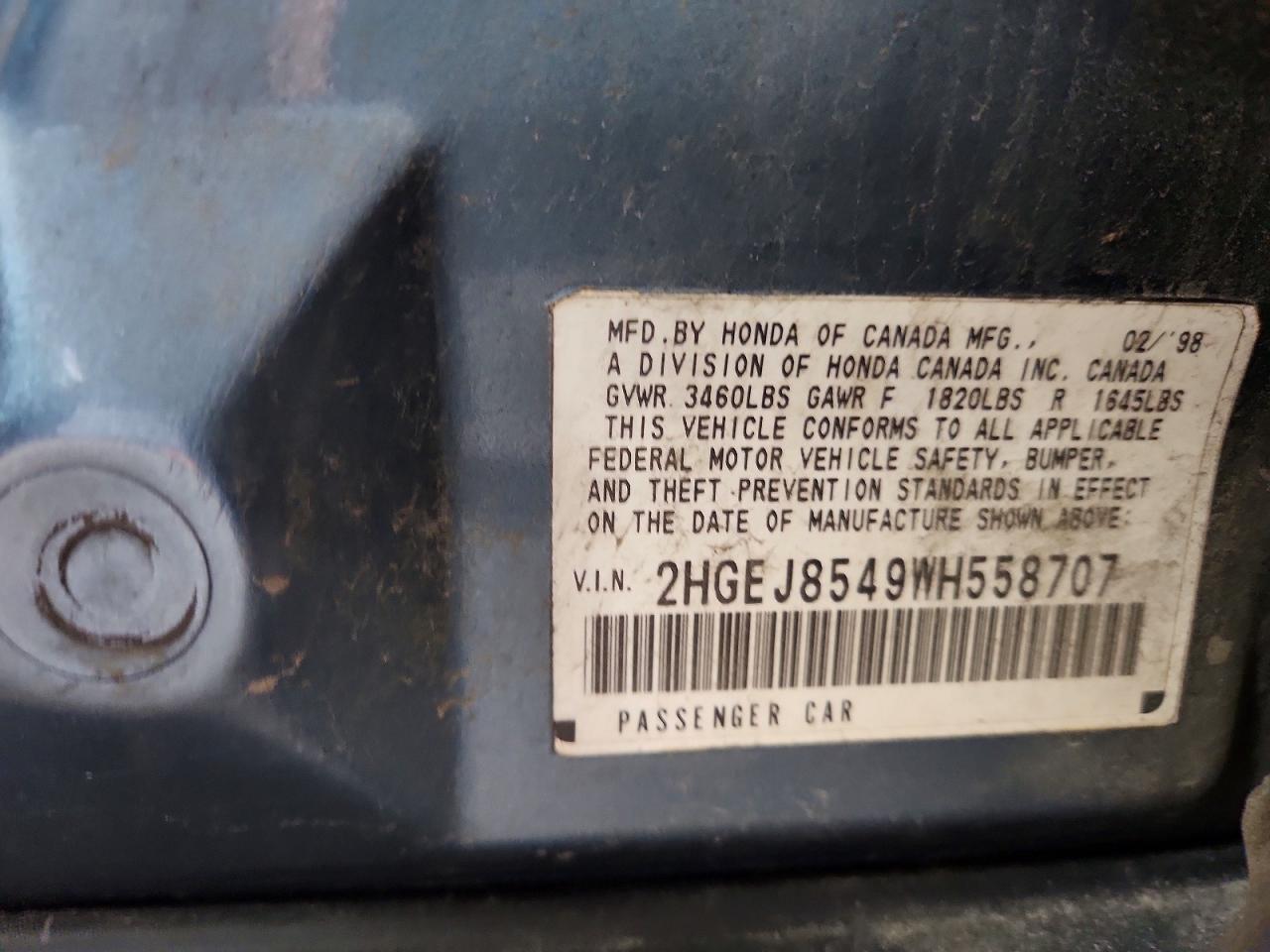 1998 Honda Civic Ex Blue vin: 2HGEJ8549WH558707