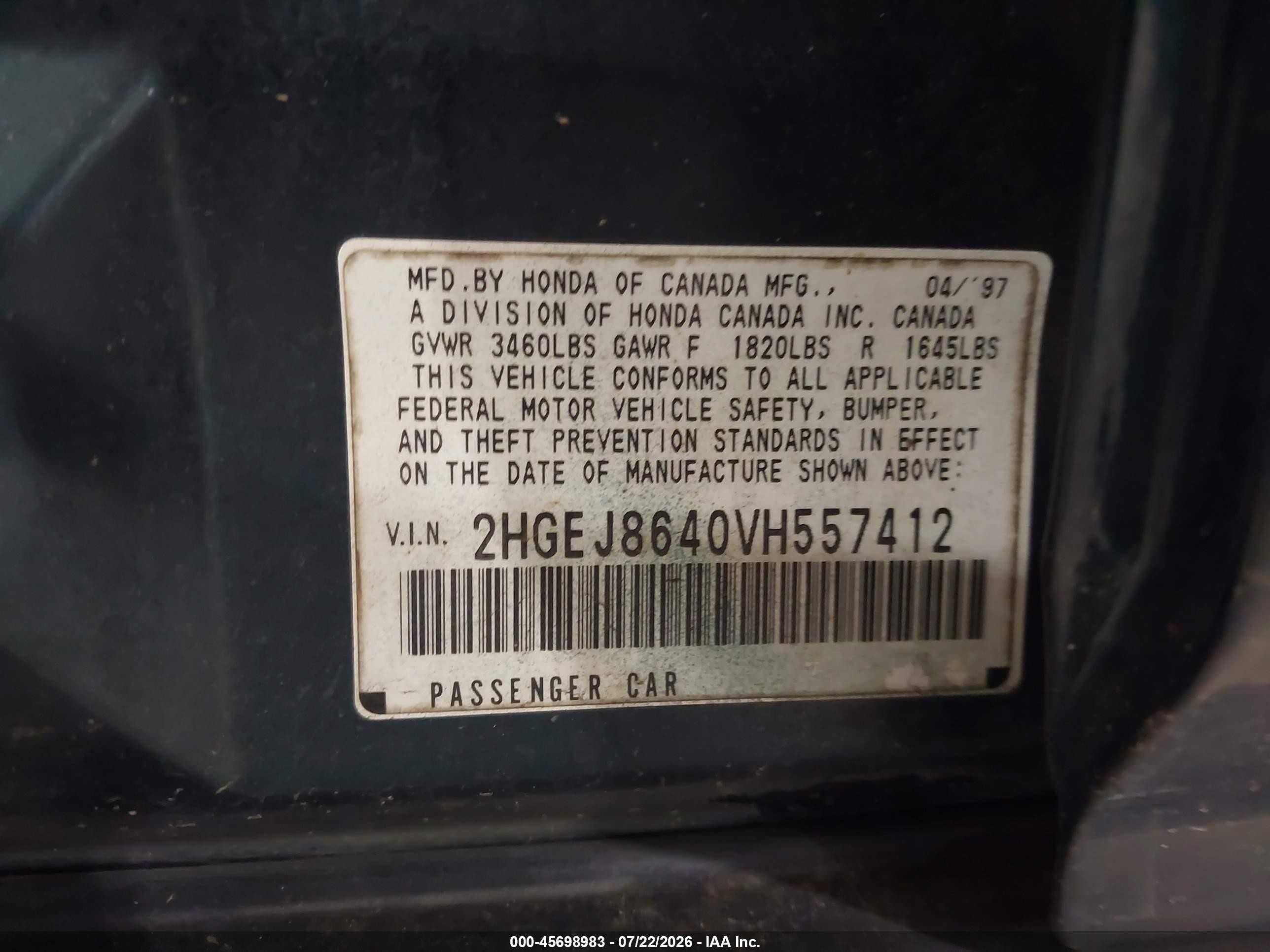 1997 Honda Civic Ex Green vin: 2HGEJ8640VH557412