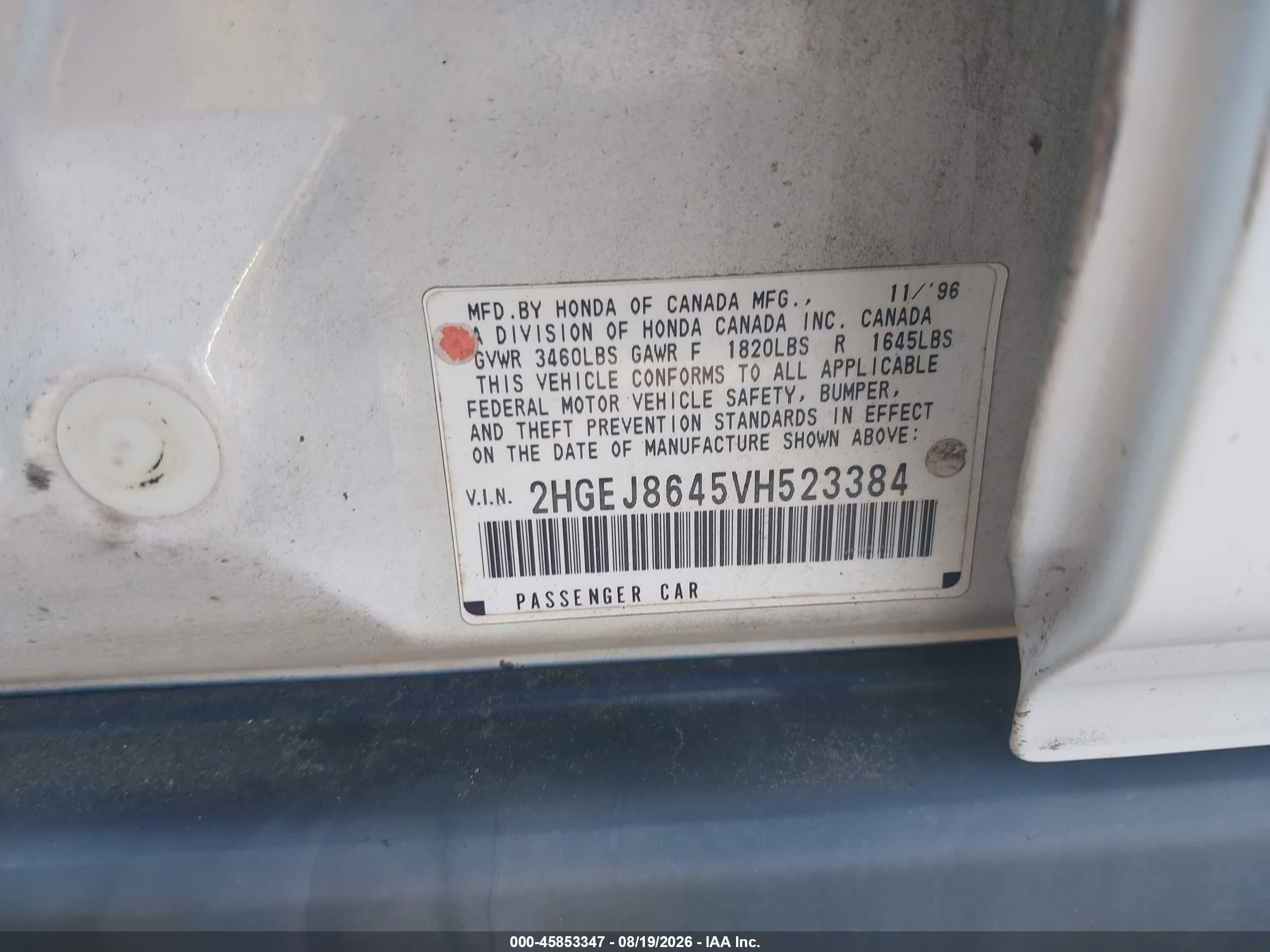 1997 Honda Civic Ex White vin: 2HGEJ8645VH523384