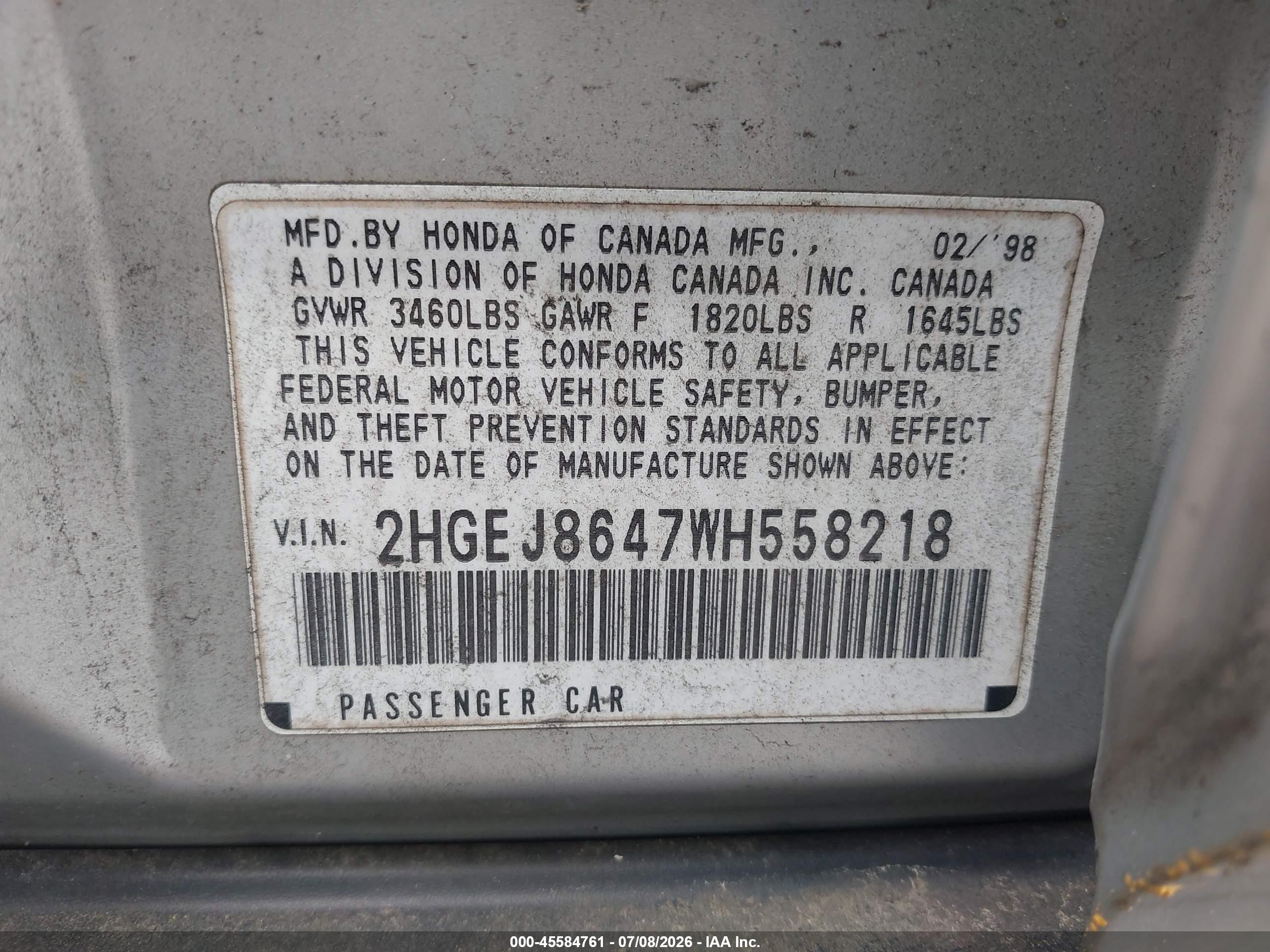 1998 Honda Civic Ex Silver vin: 2HGEJ8647WH558218