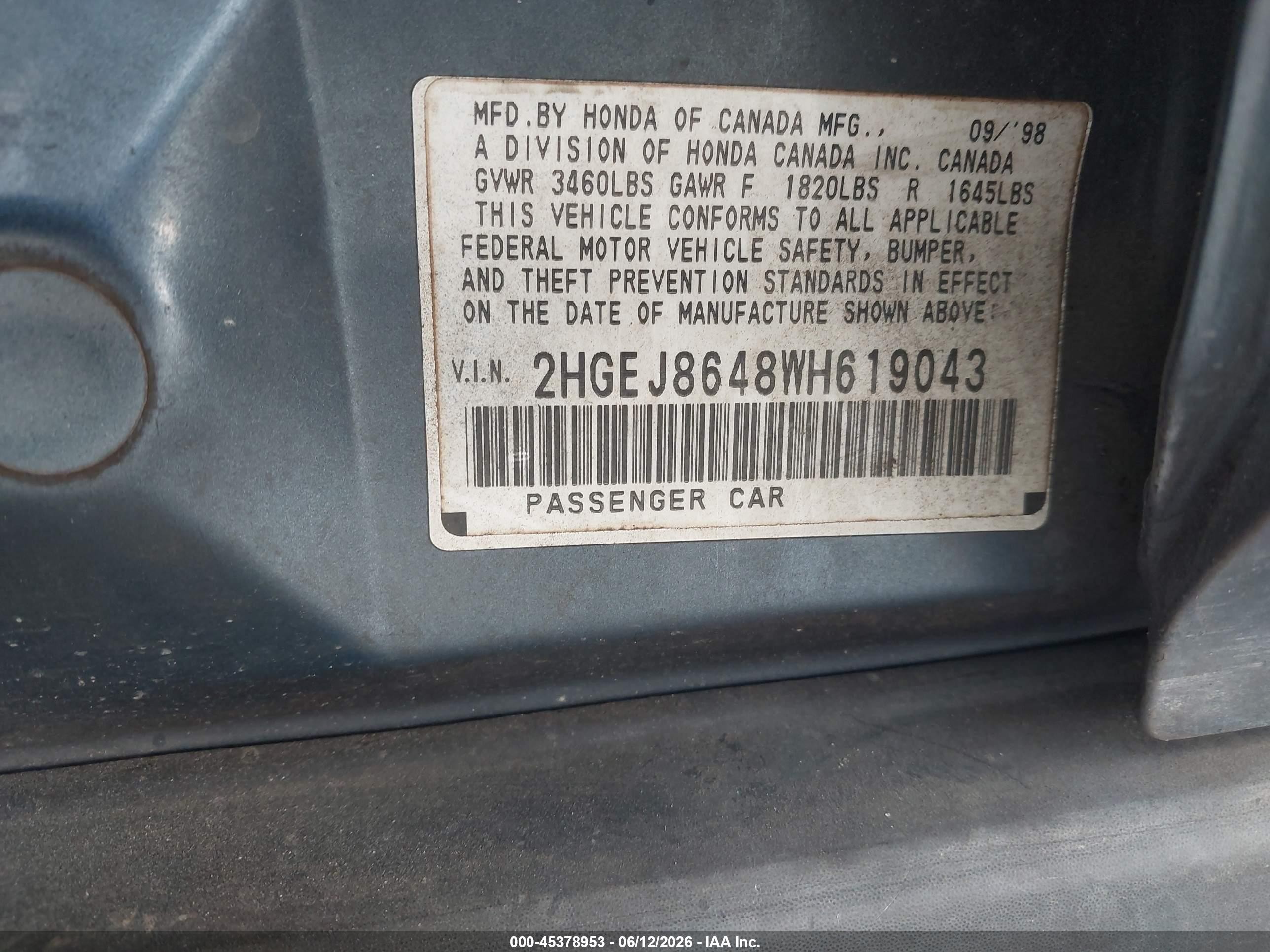 1998 Honda Civic Ex Бирюзовый vin: 2HGEJ8648WH619043