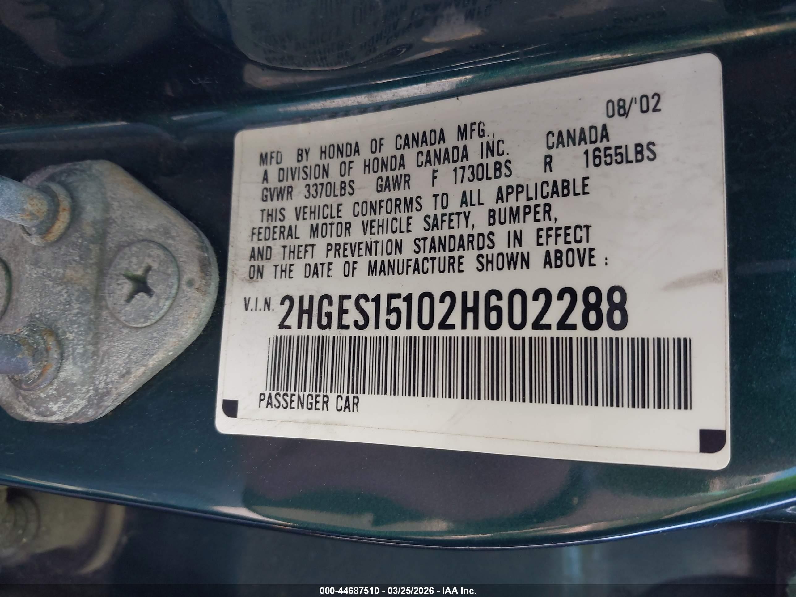 2002 Honda Civic Dx Зеленый vin: 2HGES15102H602288