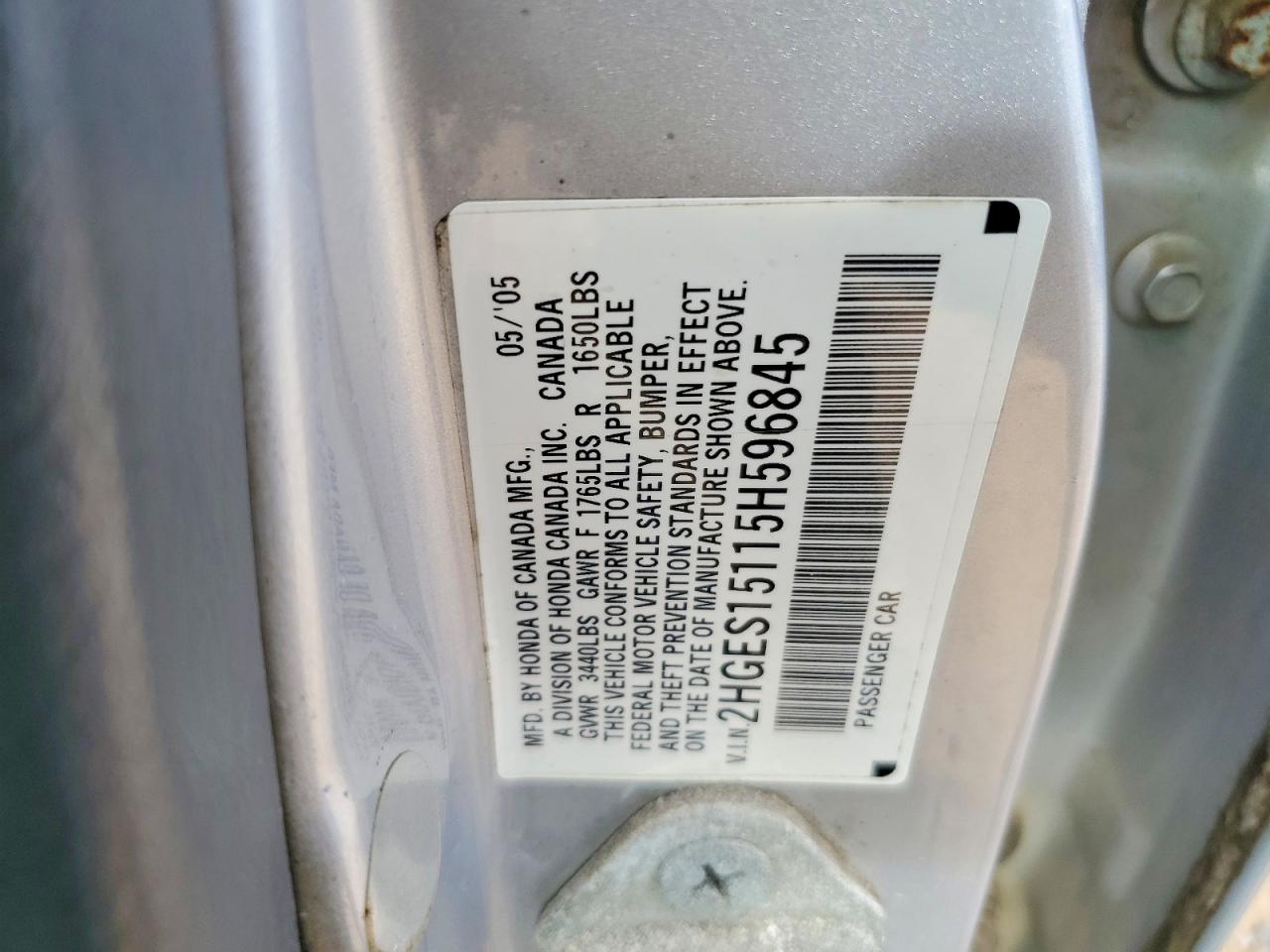 2005 Honda Civic Dx Silver vin: 2HGES15115H596845