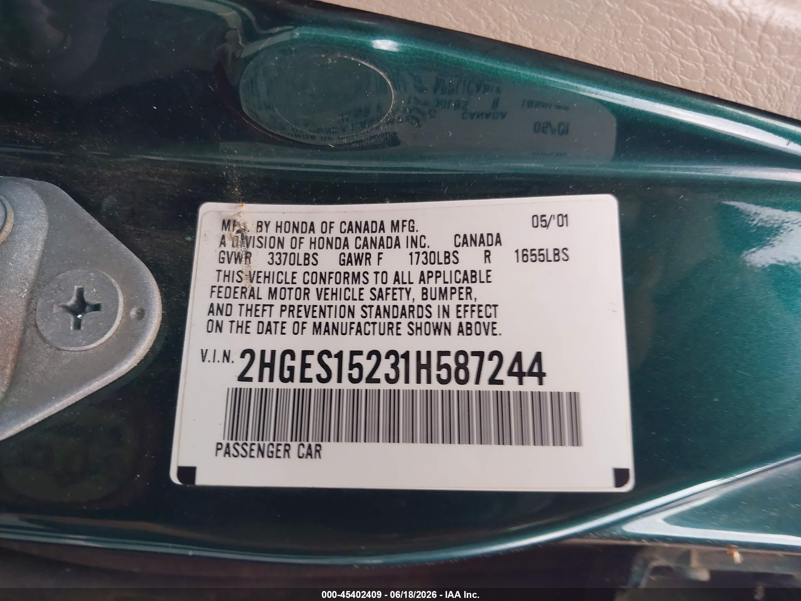2001 Honda Civic Dx Green vin: 2HGES15231H587244