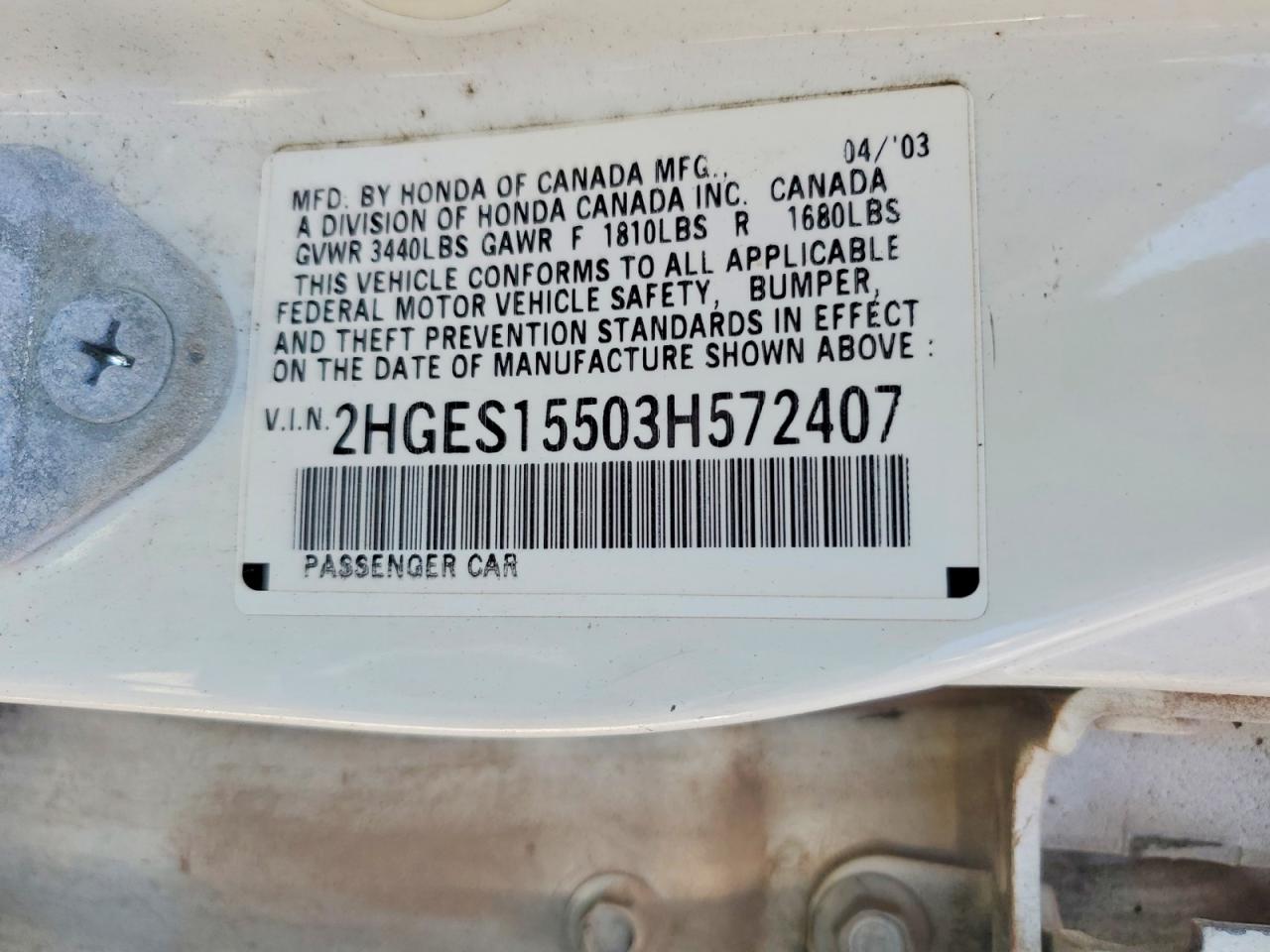 2003 Honda Civic Lx White vin: 2HGES15503H572407