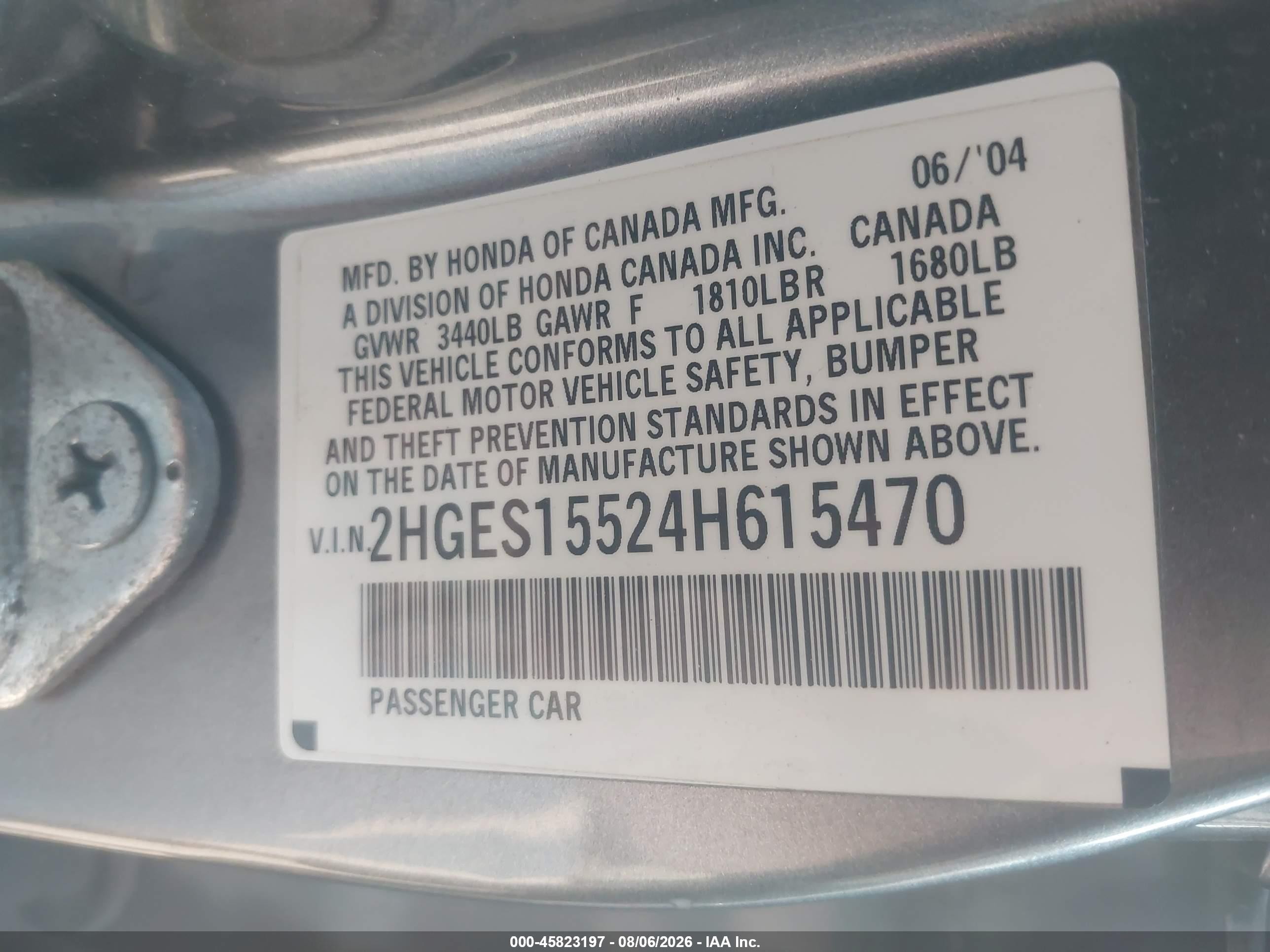 2004 Honda Civic Lx Gray vin: 2HGES15524H615470