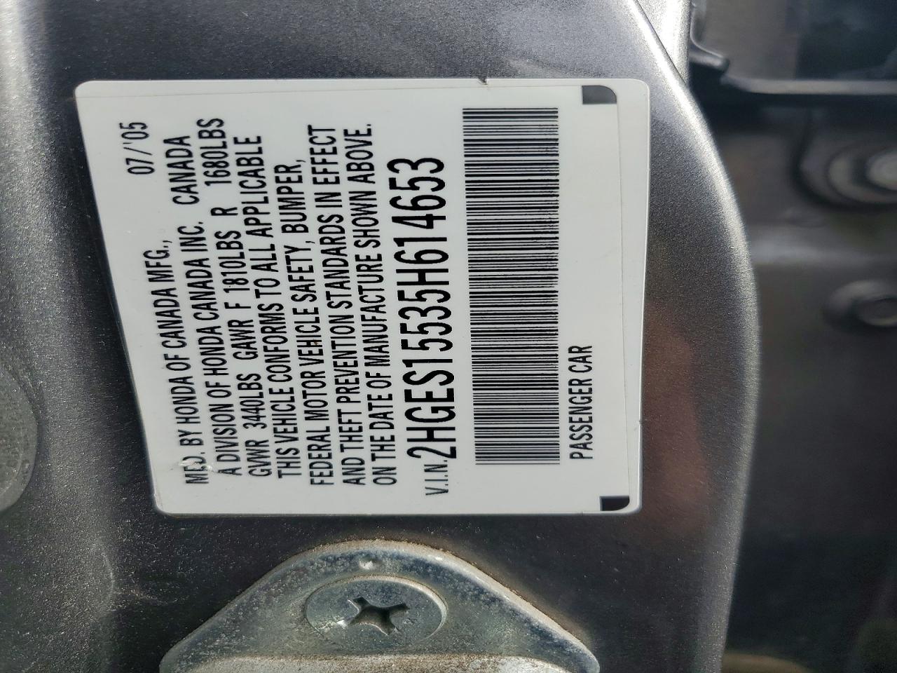 2005 Honda Civic Lx Gray vin: 2HGES15535H614653