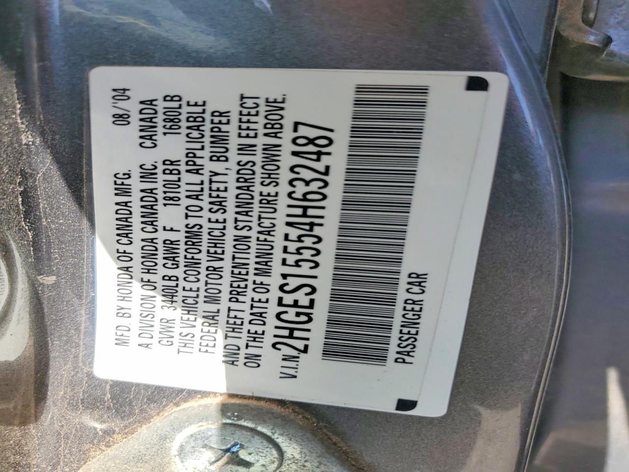 2004 Honda Civic Lx Gray vin: 2HGES15554H632487