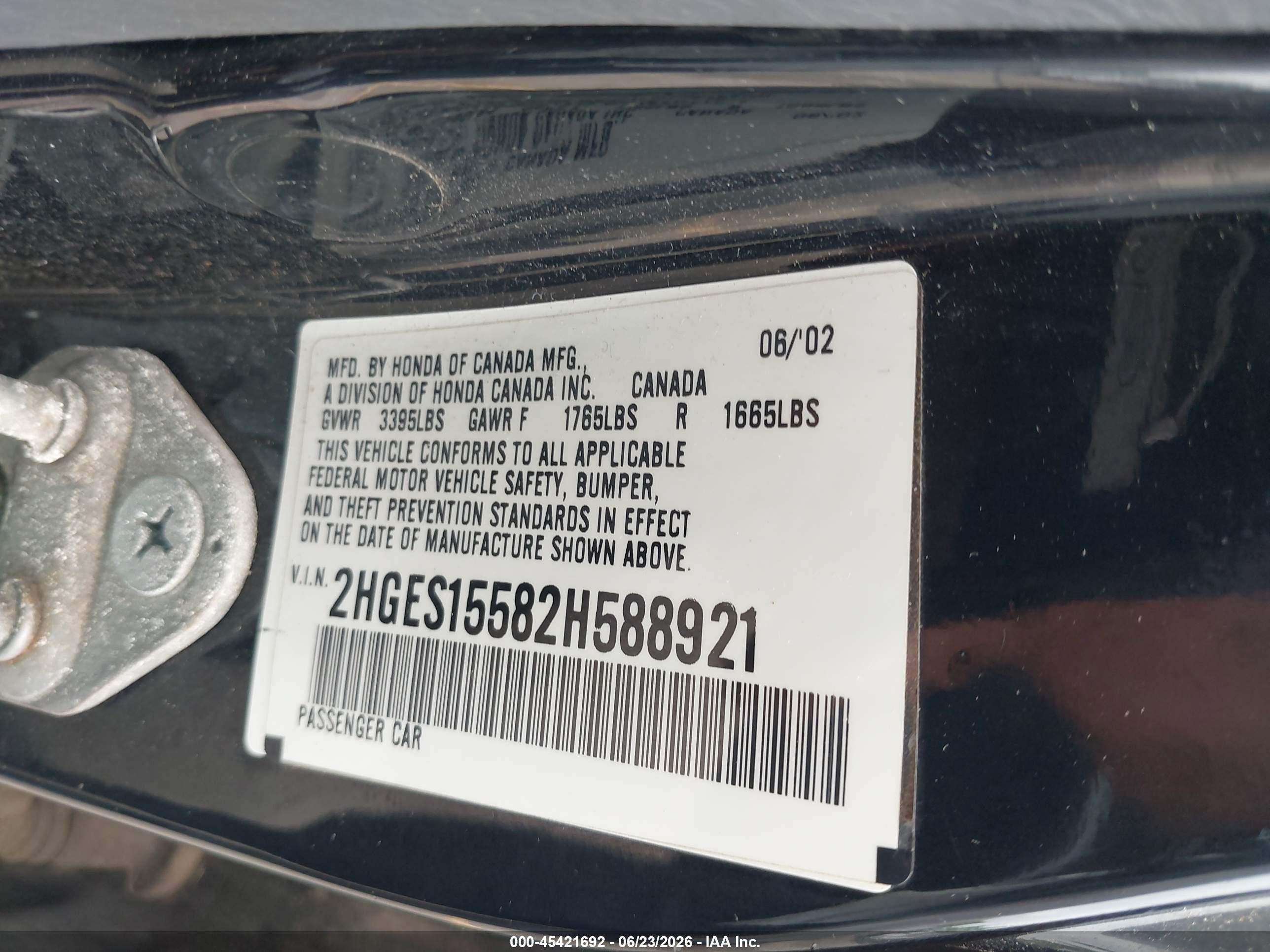 2002 Honda Civic Lx Black vin: 2HGES15582H588921