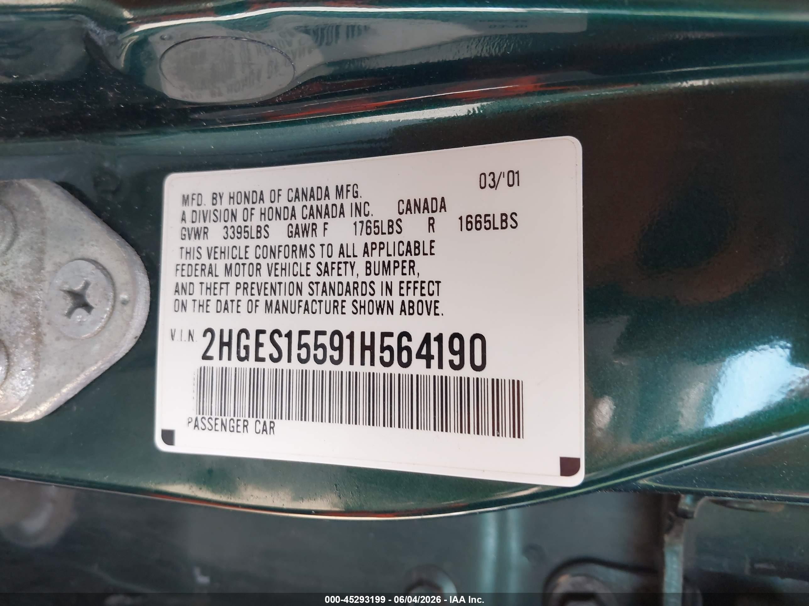2001 Honda Civic Lx Green vin: 2HGES15591H564190
