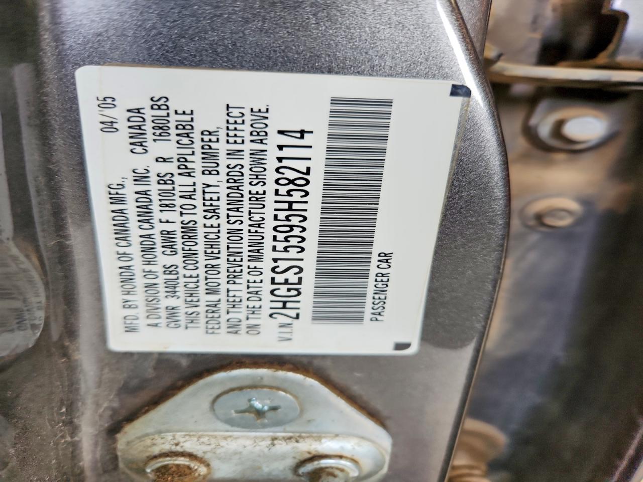 2005 Honda Civic Lx Gray vin: 2HGES15595H582114