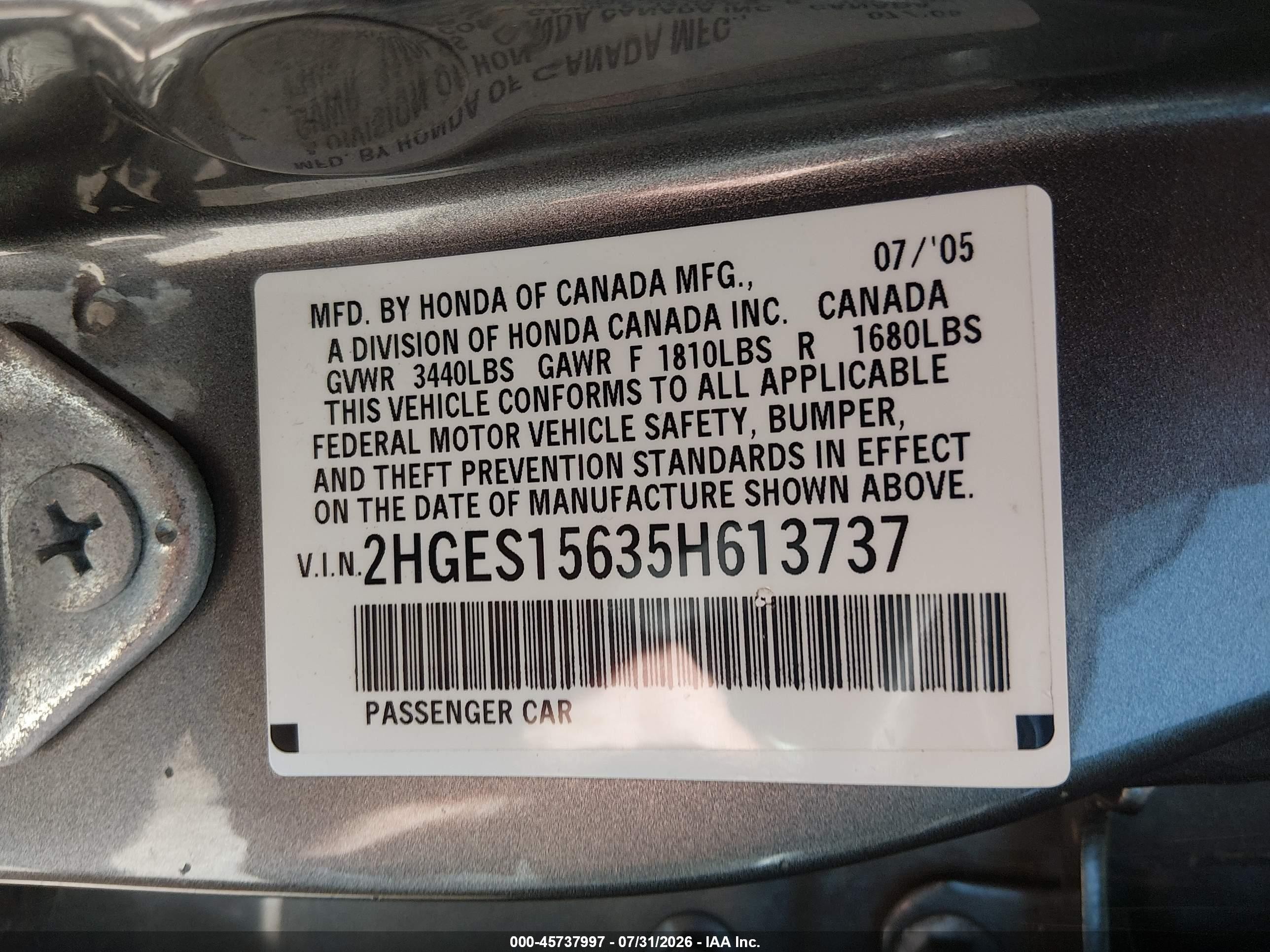 2005 Honda Civic Lx Gray vin: 2HGES15635H613737