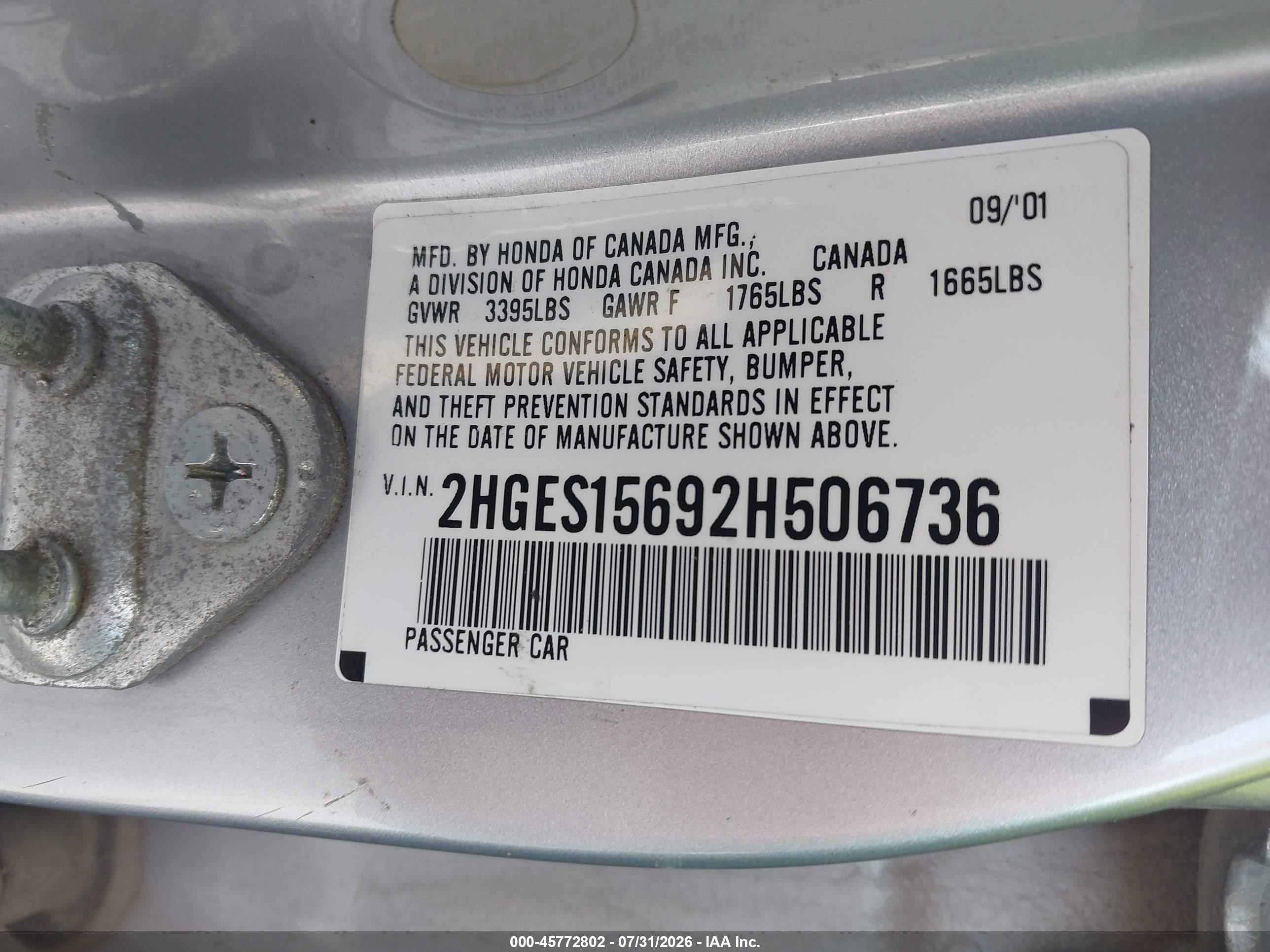 2002 Honda Civic Lx Silver vin: 2HGES15692H506736