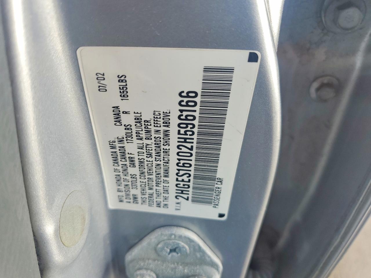 2002 Honda Civic Dx Gray vin: 2HGES16102H596166