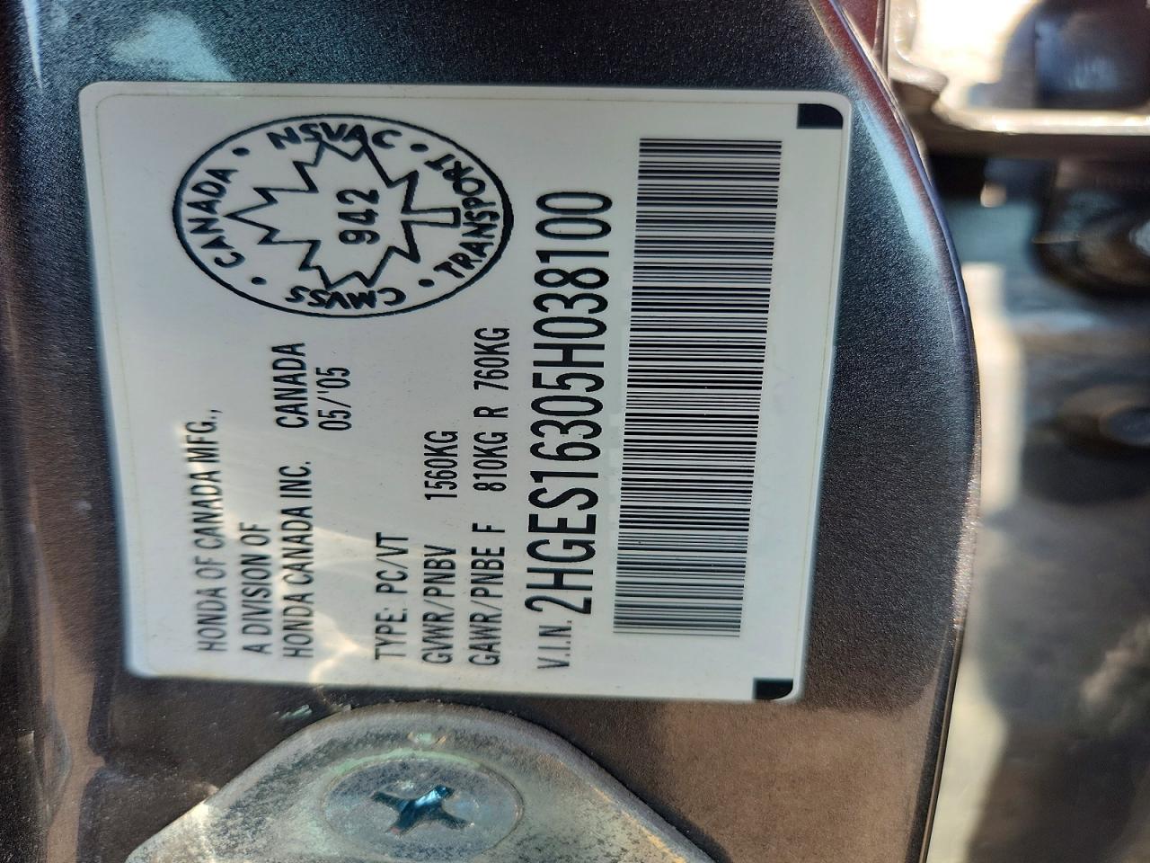2005 Honda Civic Dx Vp Charcoal vin: 2HGES16305H038100