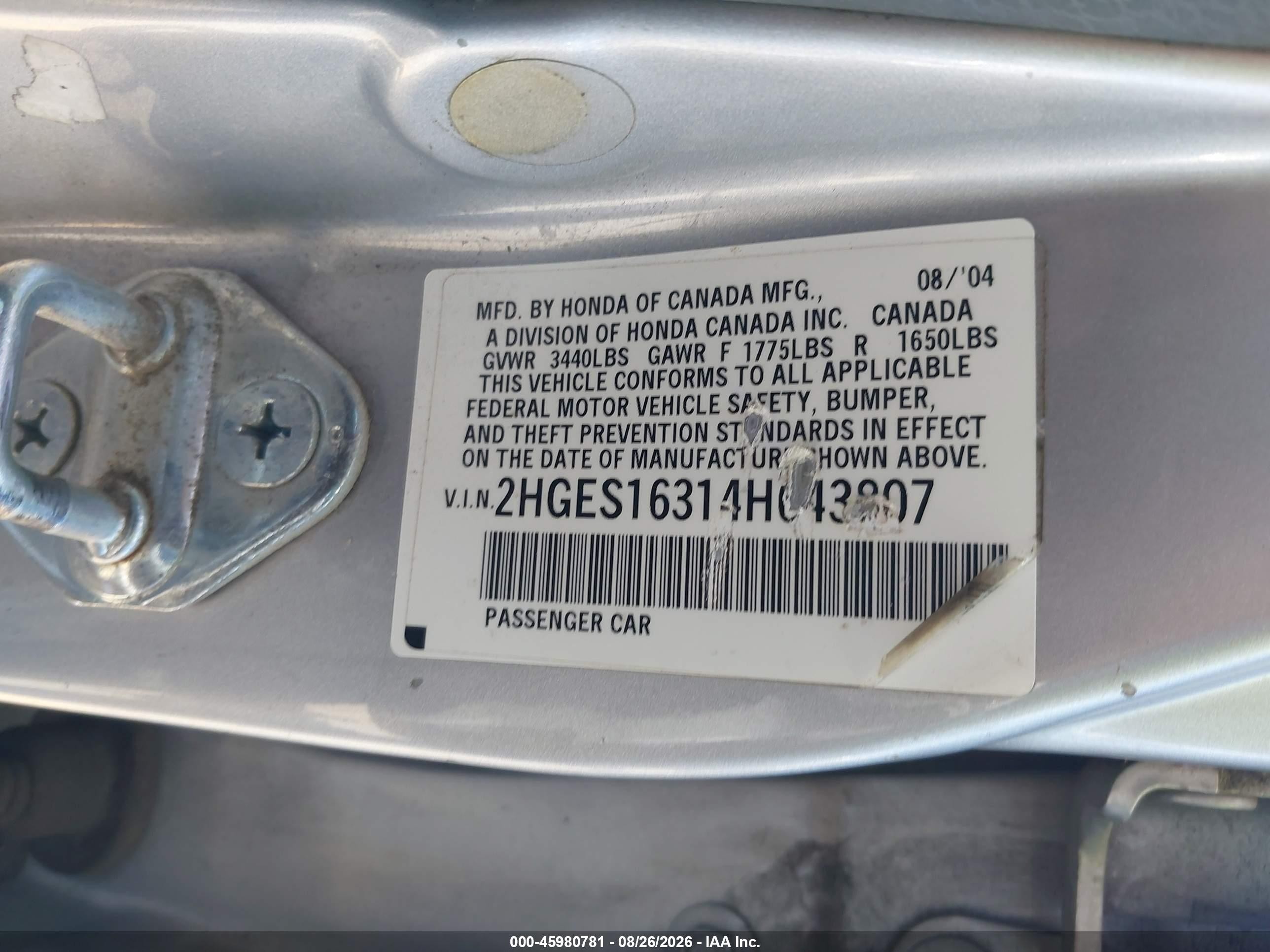 2004 Honda Civic Vp Silver vin: 2HGES16314H643807