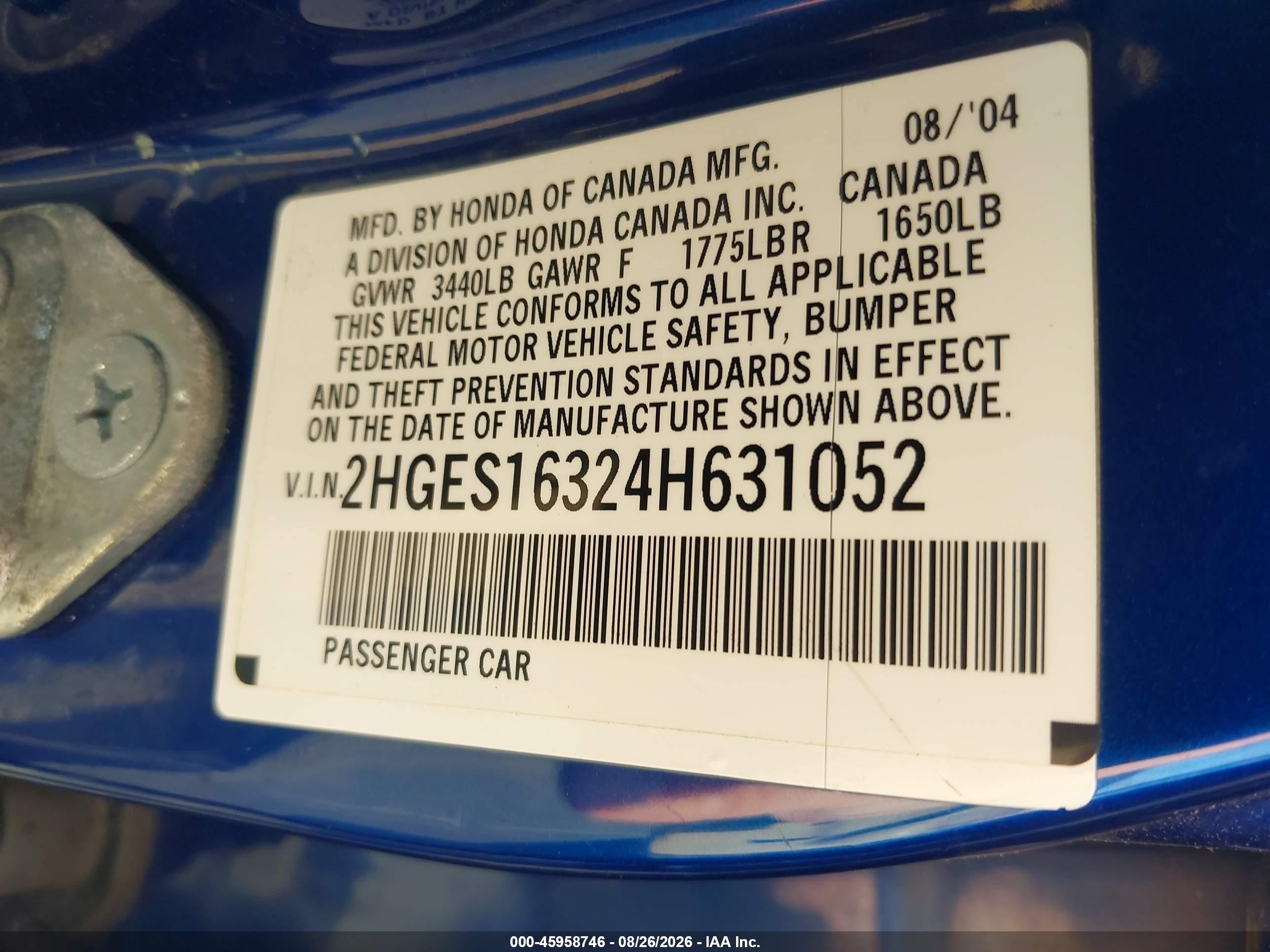2004 Honda Civic Vp Blue vin: 2HGES16324H631052