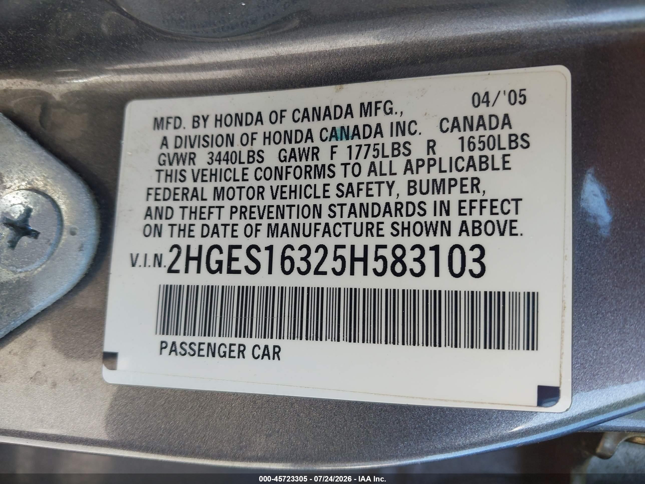 2005 Honda Civic Vp Gray vin: 2HGES16325H583103