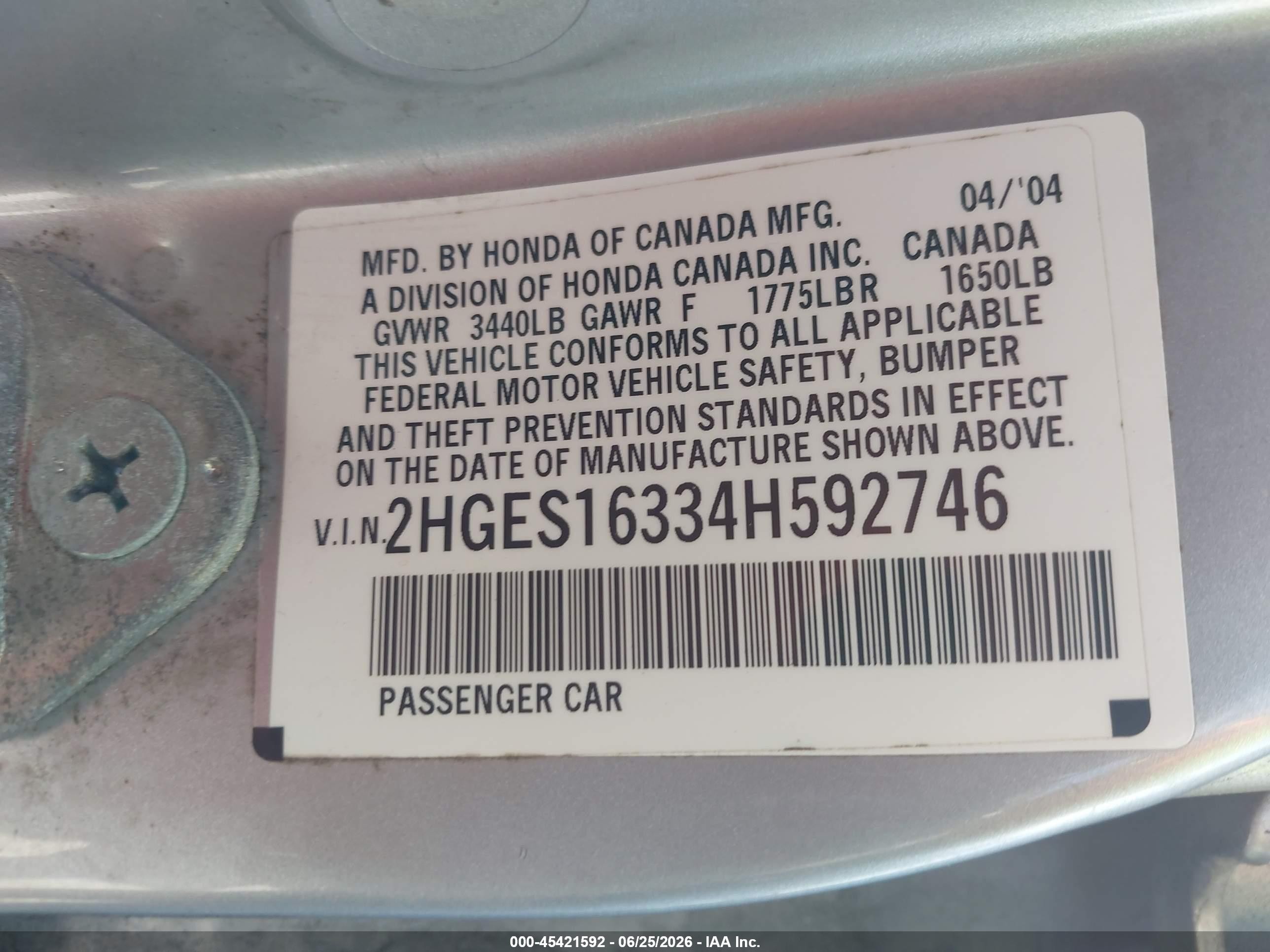 2004 Honda Civic Vp Silver vin: 2HGES16334H592746