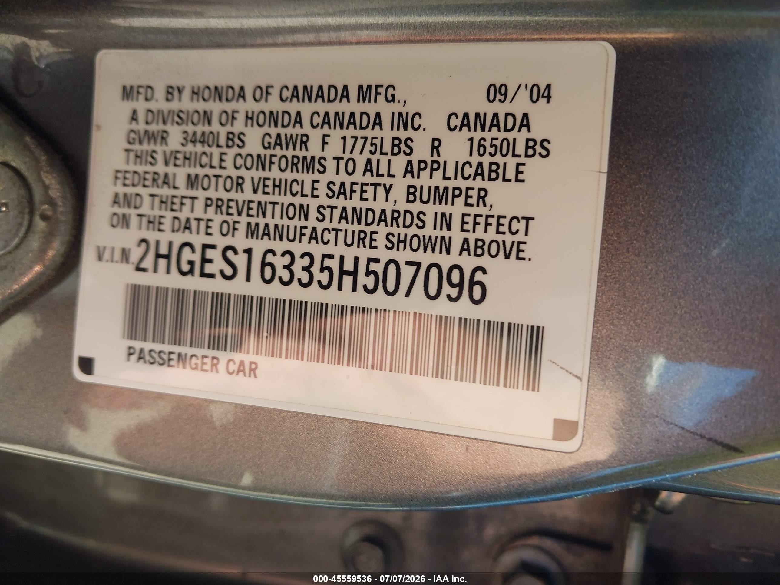 2005 Honda Civic Vp Gray vin: 2HGES16335H507096