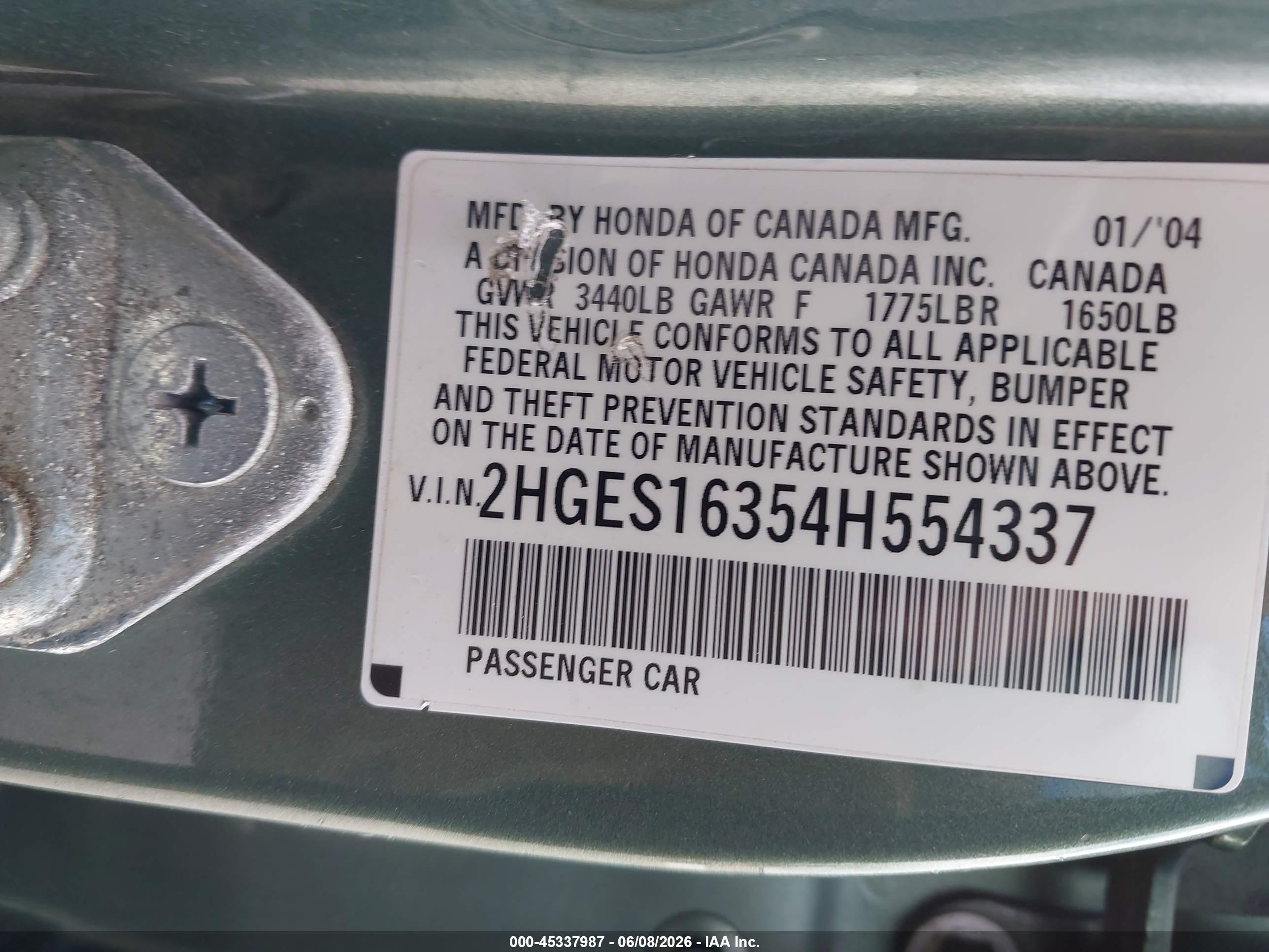 2004 Honda Civic Vp Зеленый vin: 2HGES16354H554337