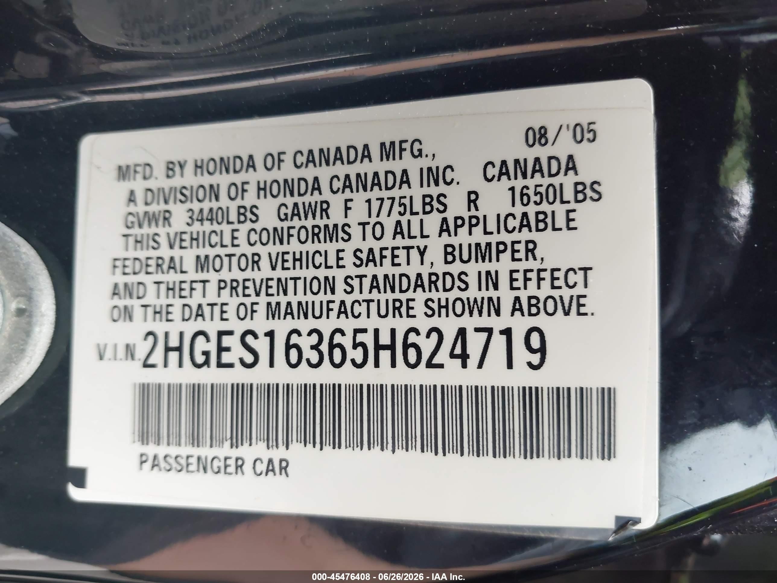 2005 Honda Civic Vp Черный vin: 2HGES16365H624719