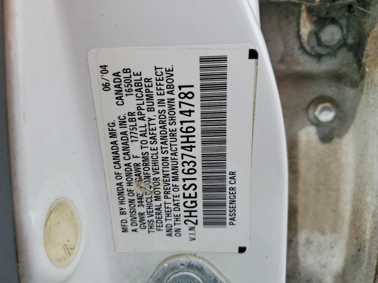 2004 Honda Civic Dx Vp White vin: 2HGES16374H614781