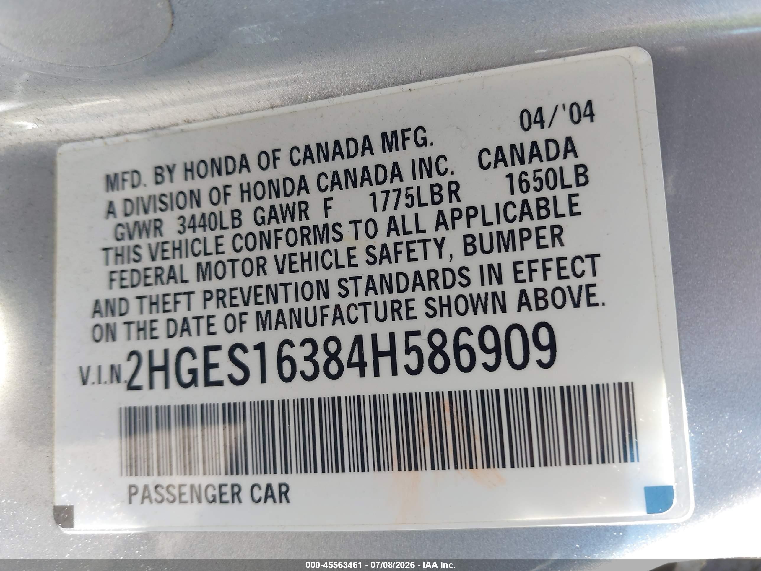2004 Honda Civic Dx Vp Серебряный vin: 2HGES16384H586909