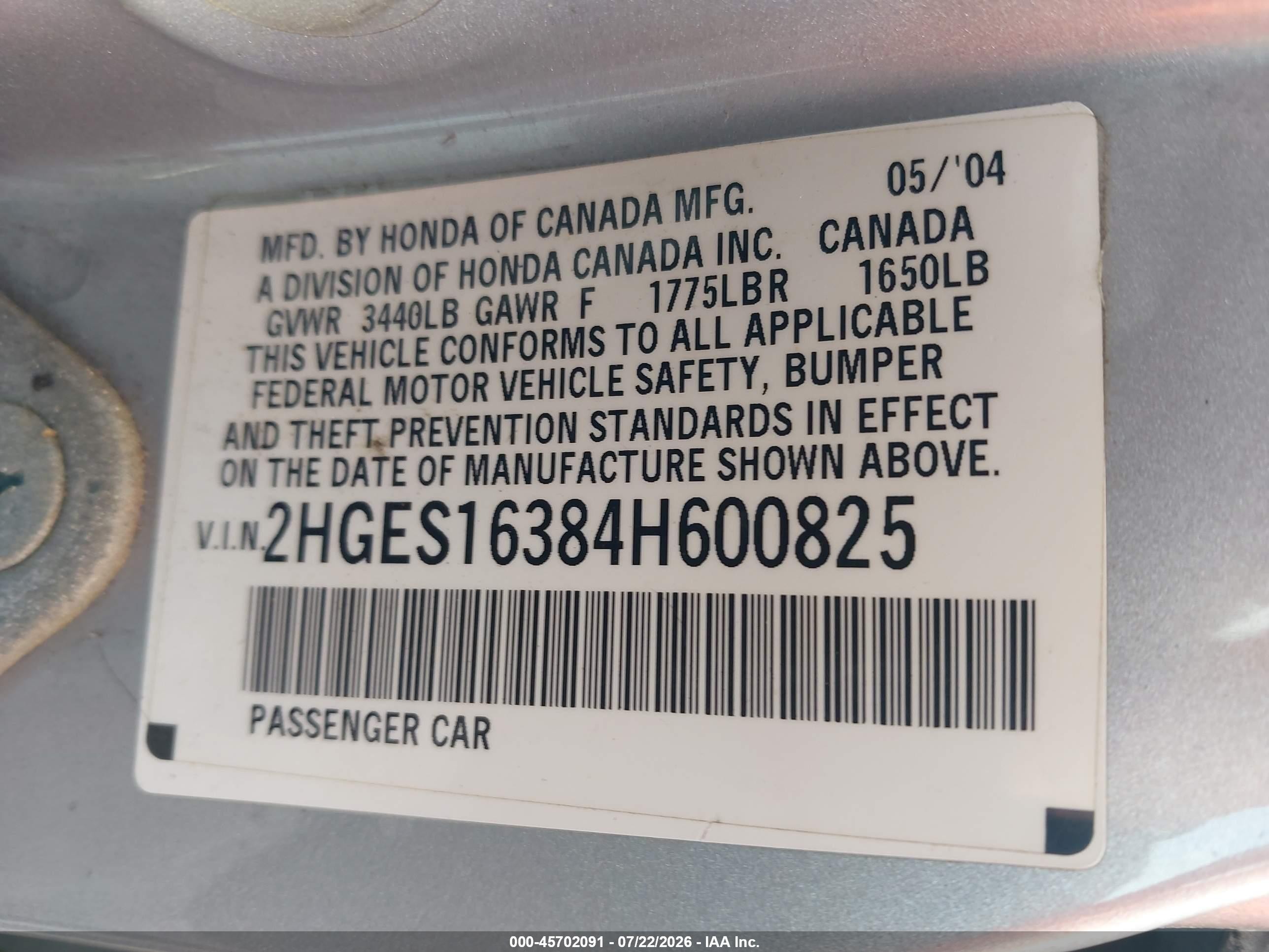 2004 Honda Civic Vp Silver vin: 2HGES16384H600825