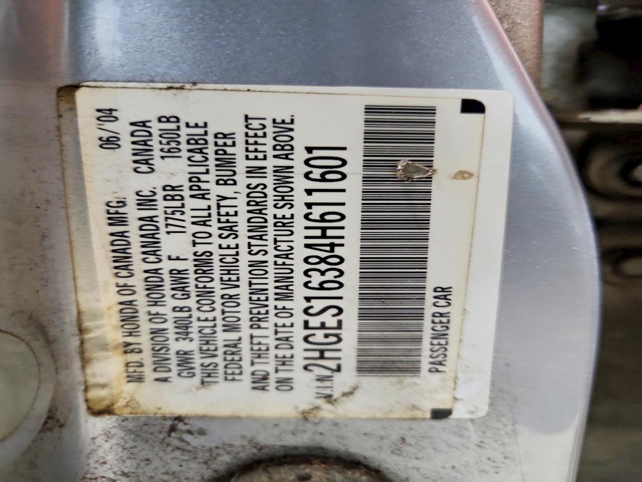 2004 Honda Civic Dx Vp Silver vin: 2HGES16384H611601