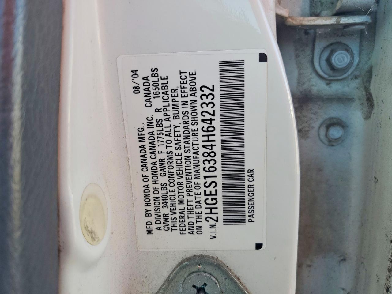 2004 Honda Civic Dx Vp White vin: 2HGES16384H642332