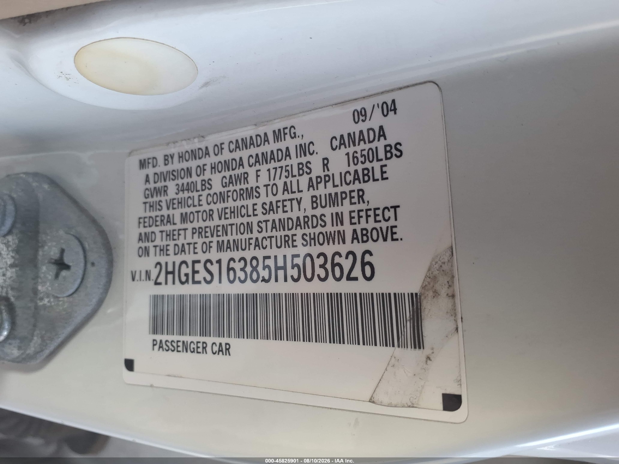 2005 Honda Civic Vp White vin: 2HGES16385H503626