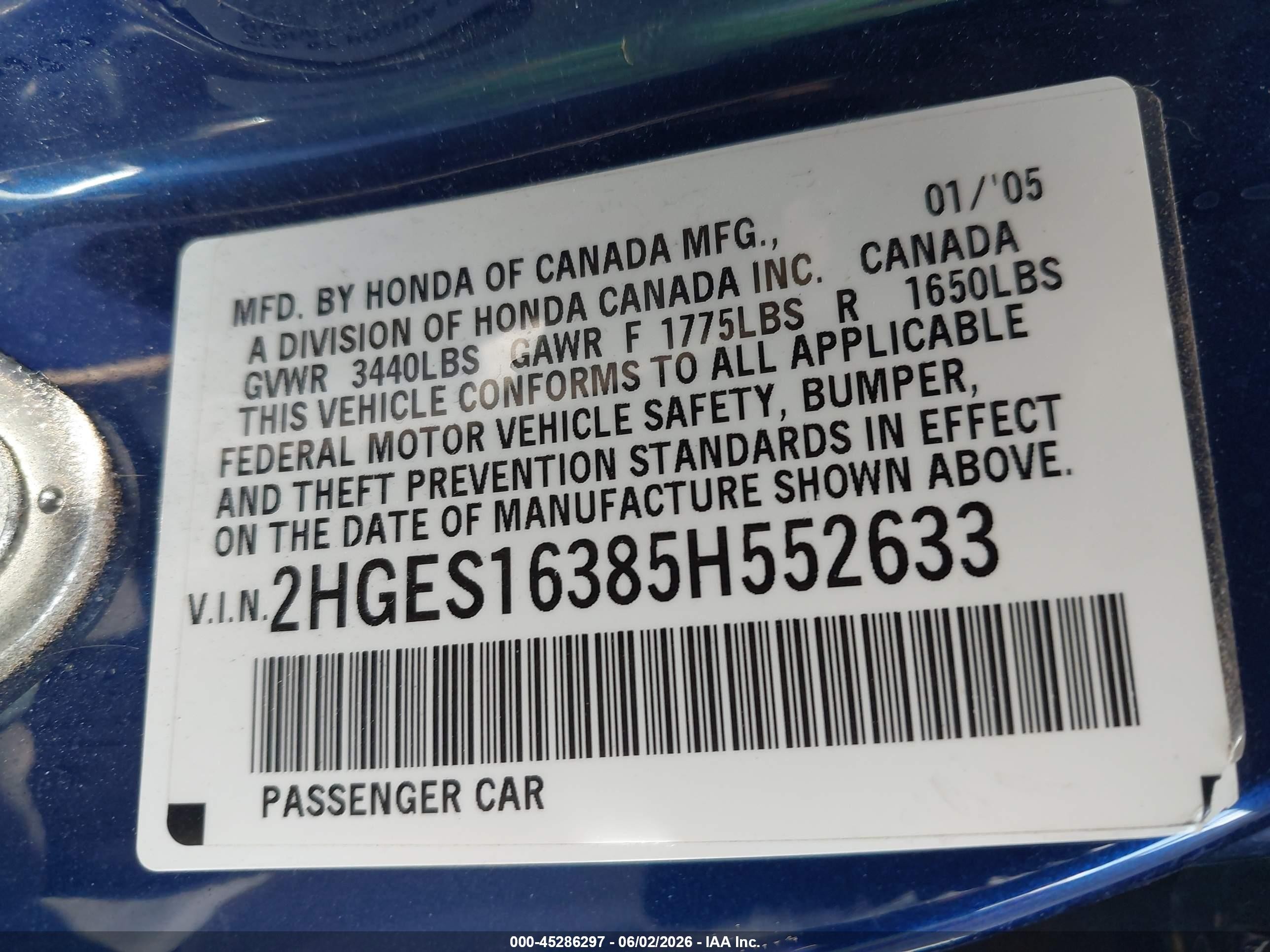 2005 Honda Civic Vp Blue vin: 2HGES16385H552633
