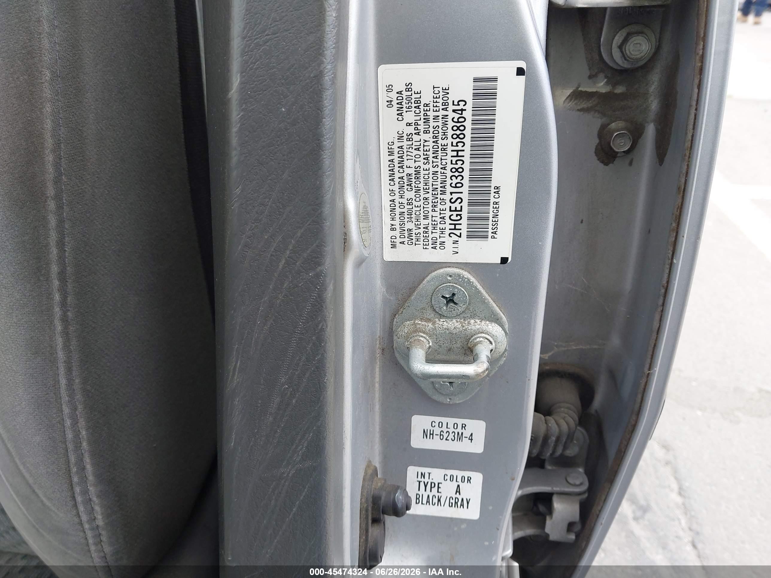 2005 Honda Civic Vp Серебряный vin: 2HGES16385H588645